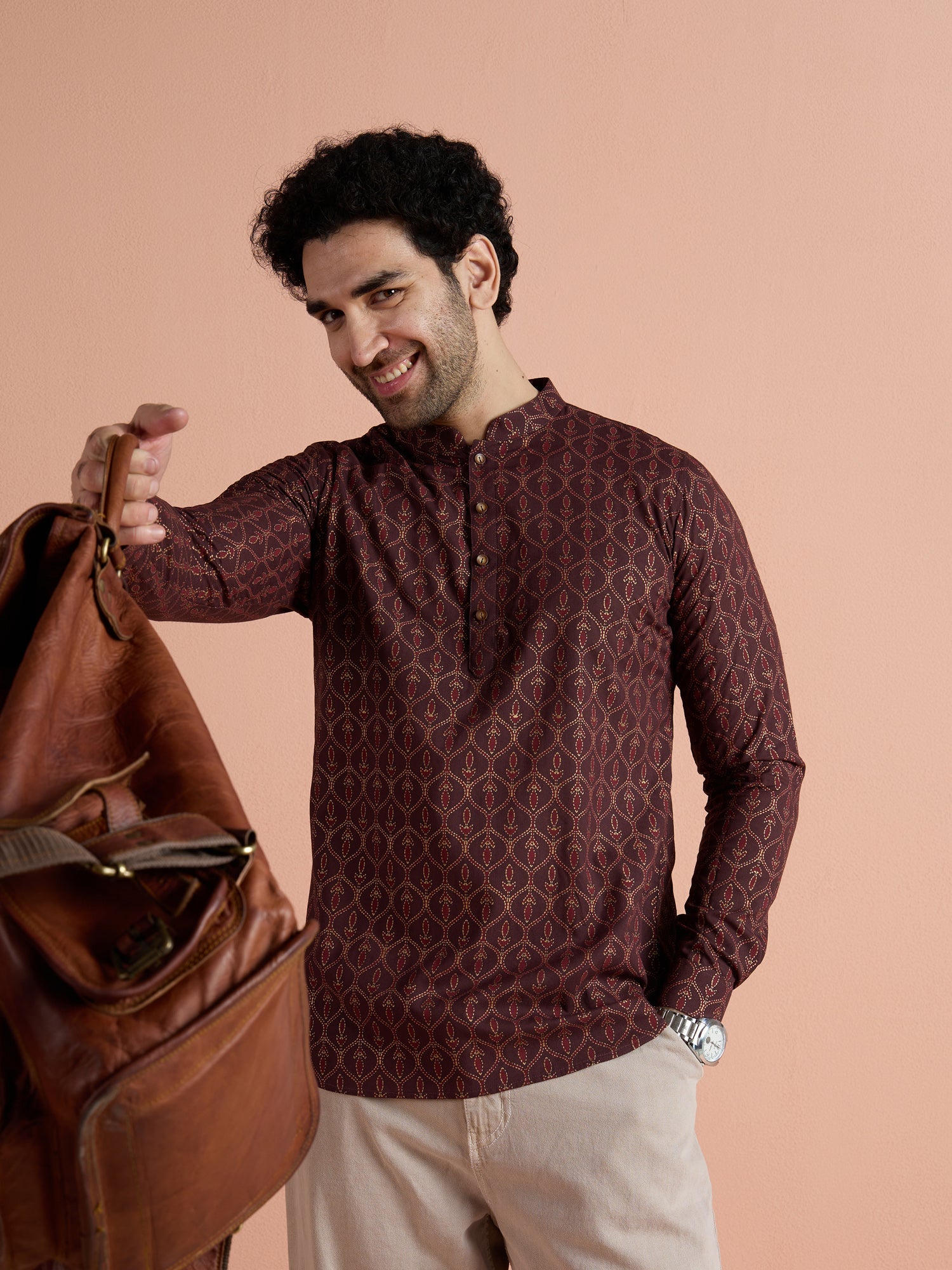 Maroon Cotton Printed Short Kurta