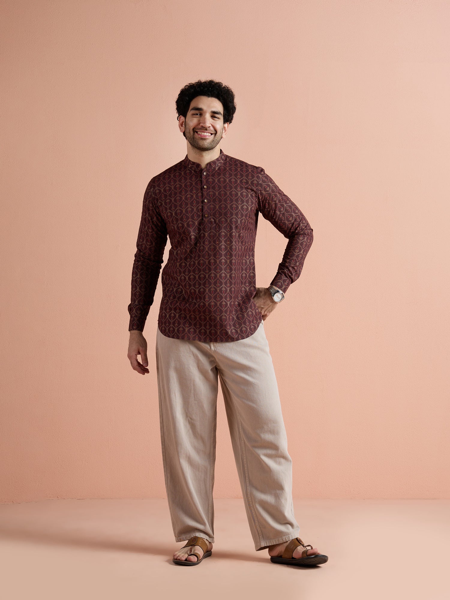 Maroon Cotton Printed Short Kurta