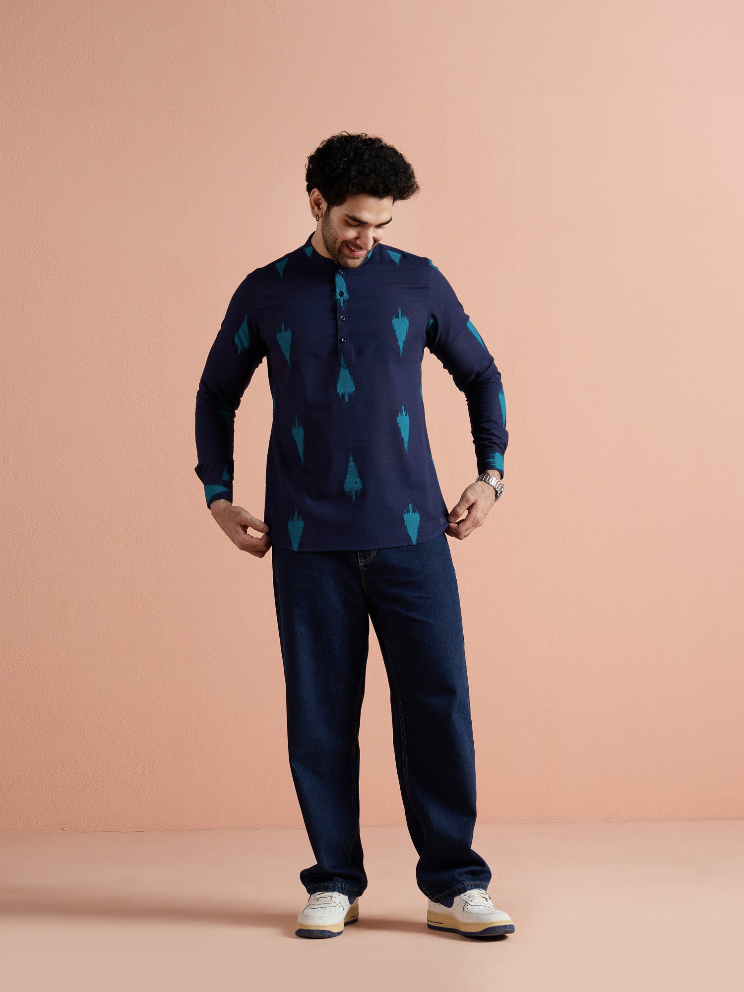 Navy Blue Cotton Printed Short Kurta