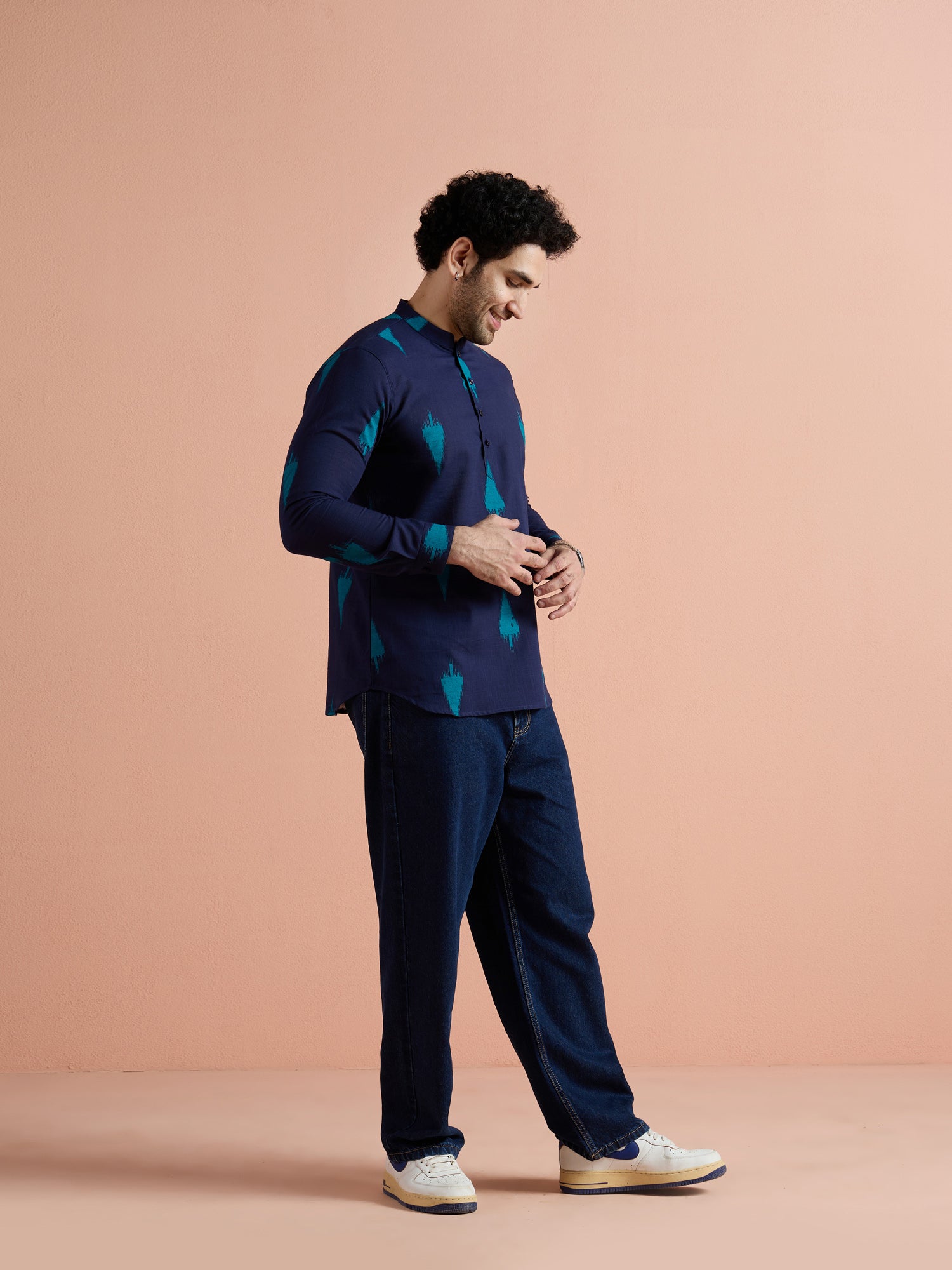 Navy Blue Cotton Printed Short Kurta