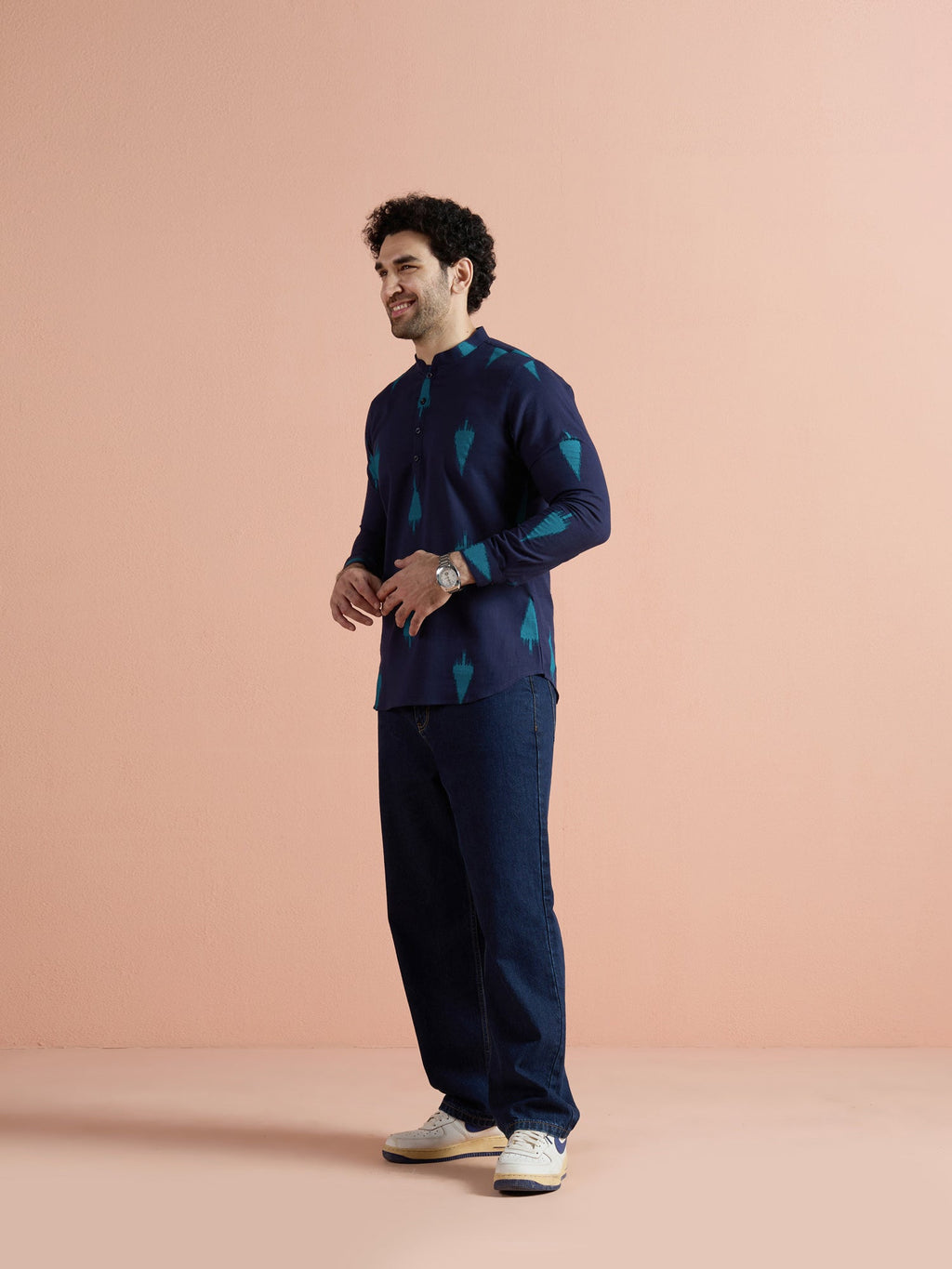 Navy Blue Cotton Printed Short Kurta