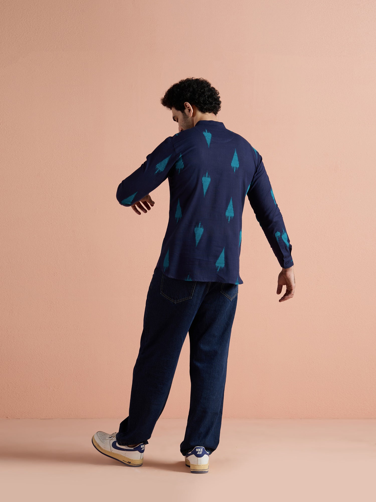 Navy Blue Cotton Printed Short Kurta
