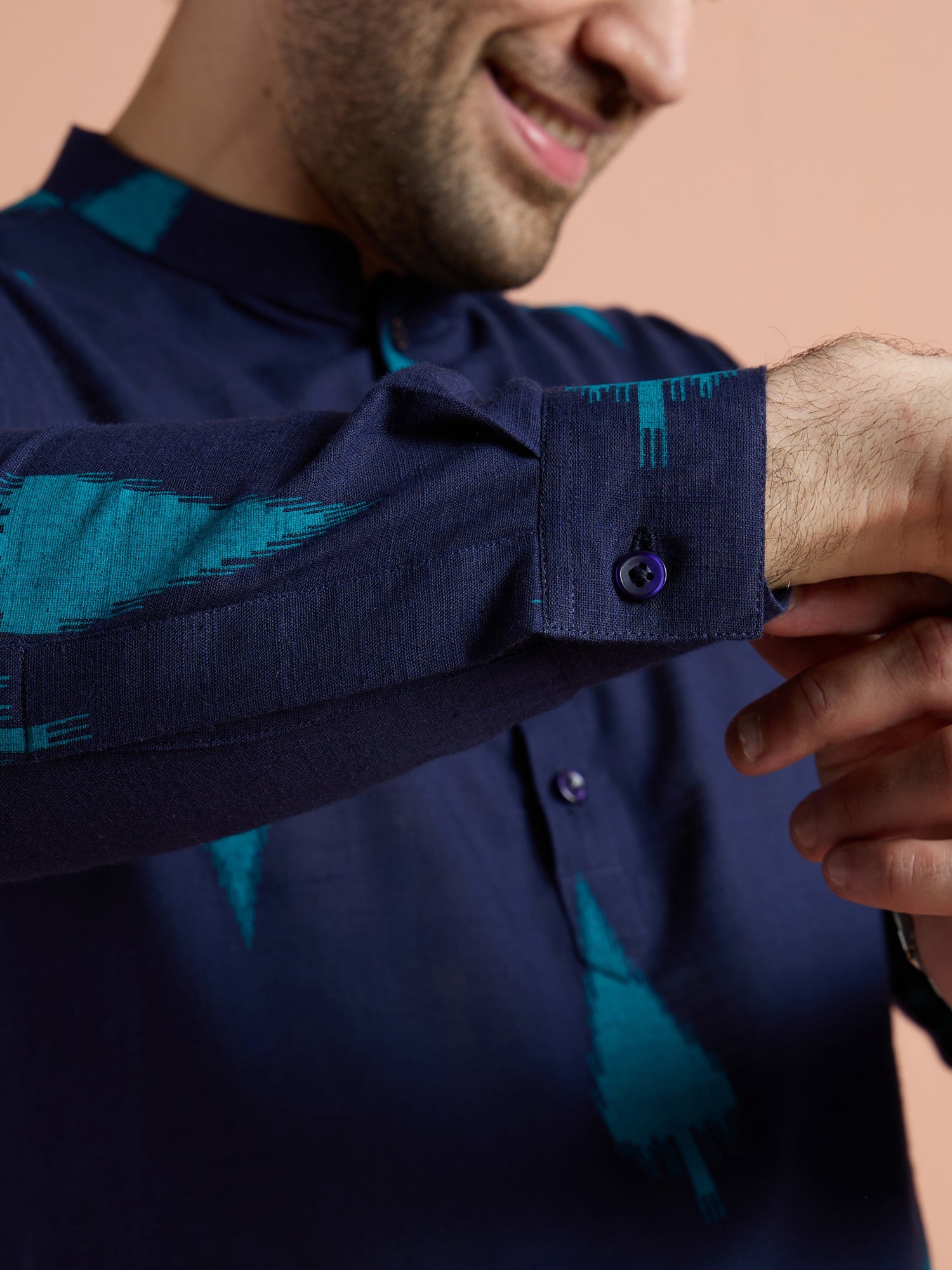 Navy Blue Cotton Printed Short Kurta