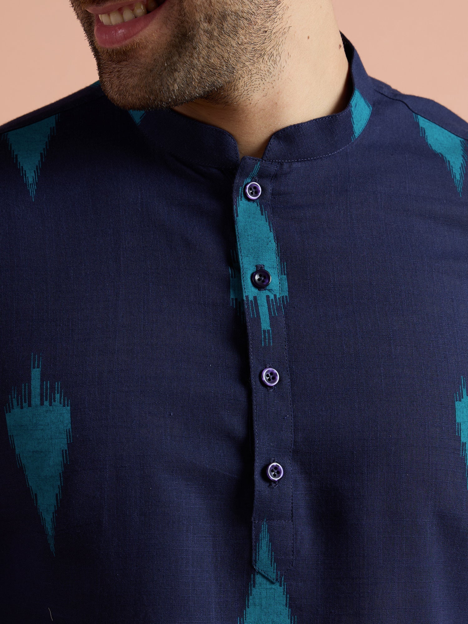 Navy Blue Cotton Printed Short Kurta
