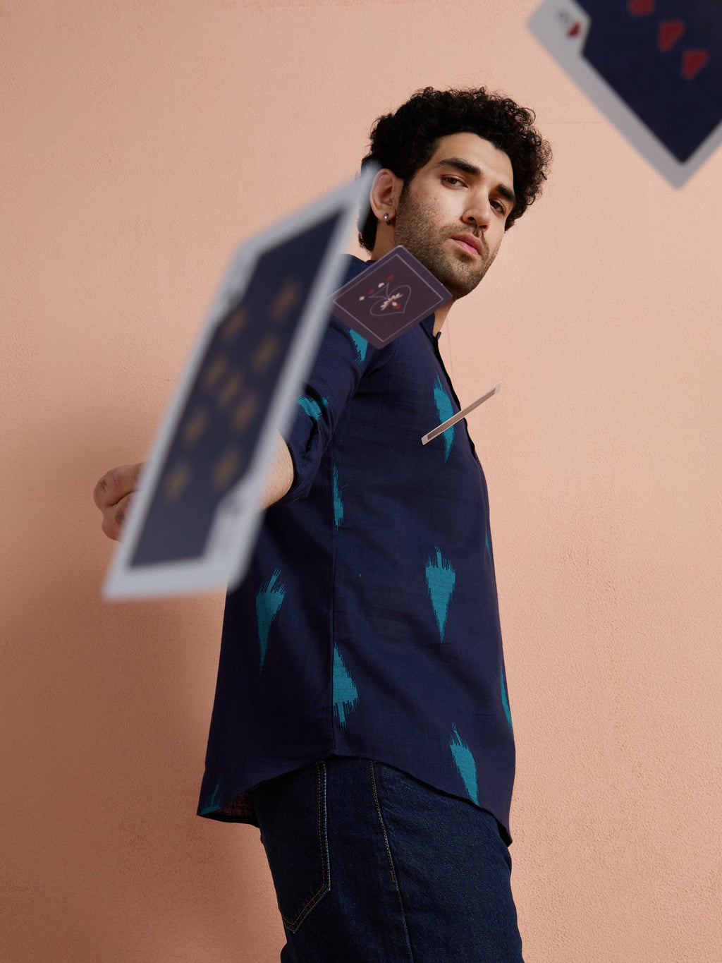 Navy Blue Cotton Printed Short Kurta