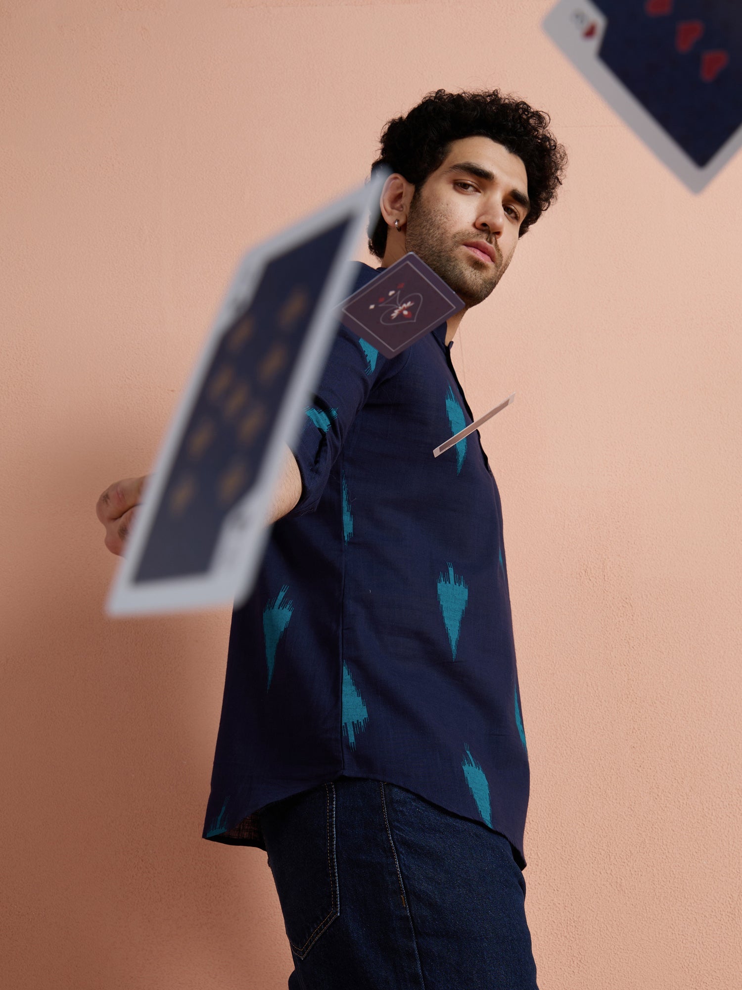 Navy Blue Cotton Printed Short Kurta