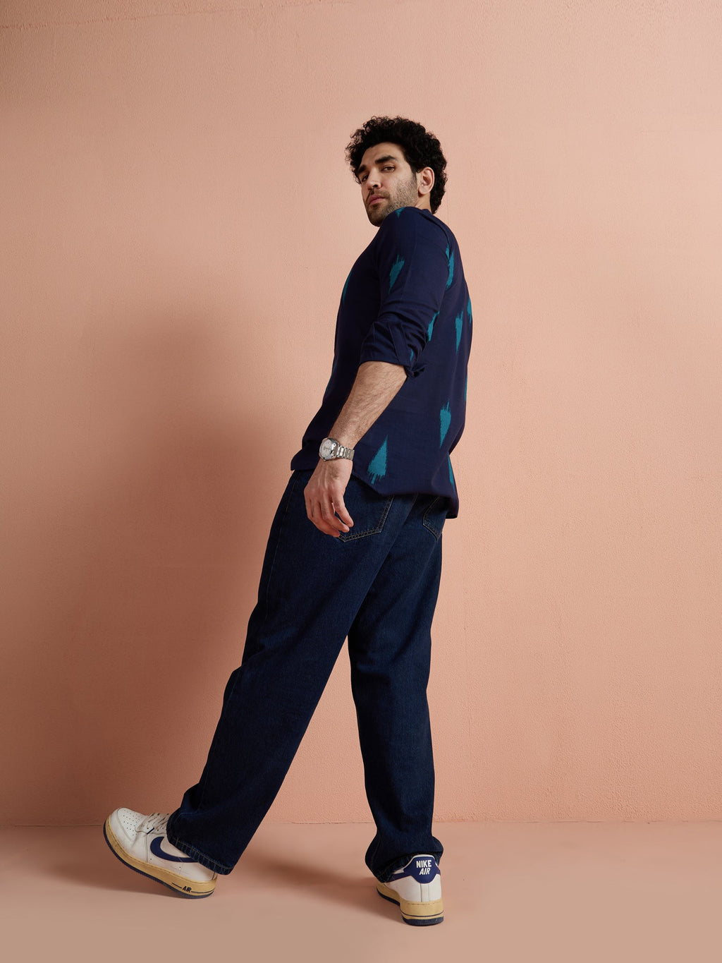 Navy Blue Cotton Printed Short Kurta