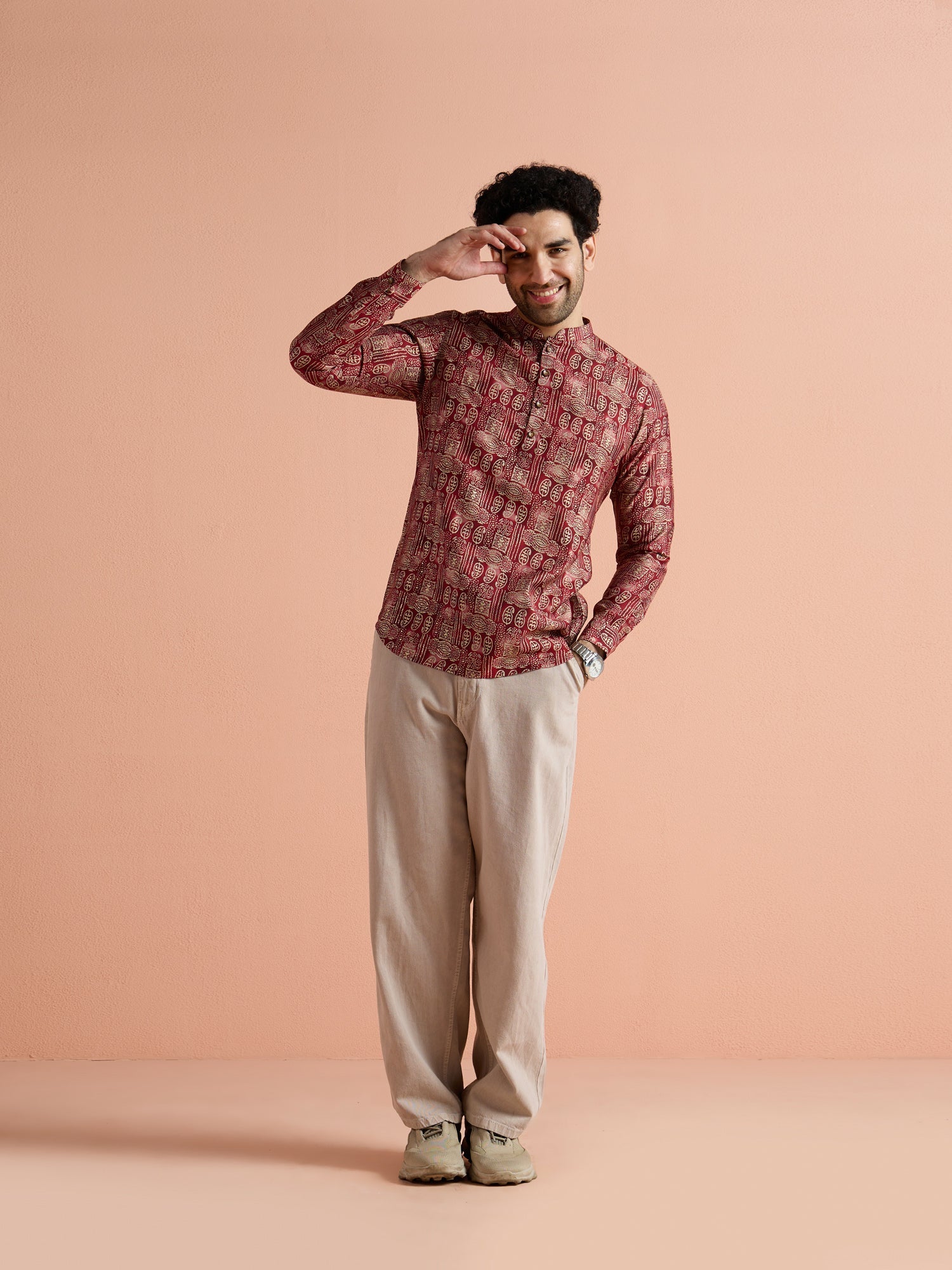 Maroon Cotton Blend Printed Short Kurta