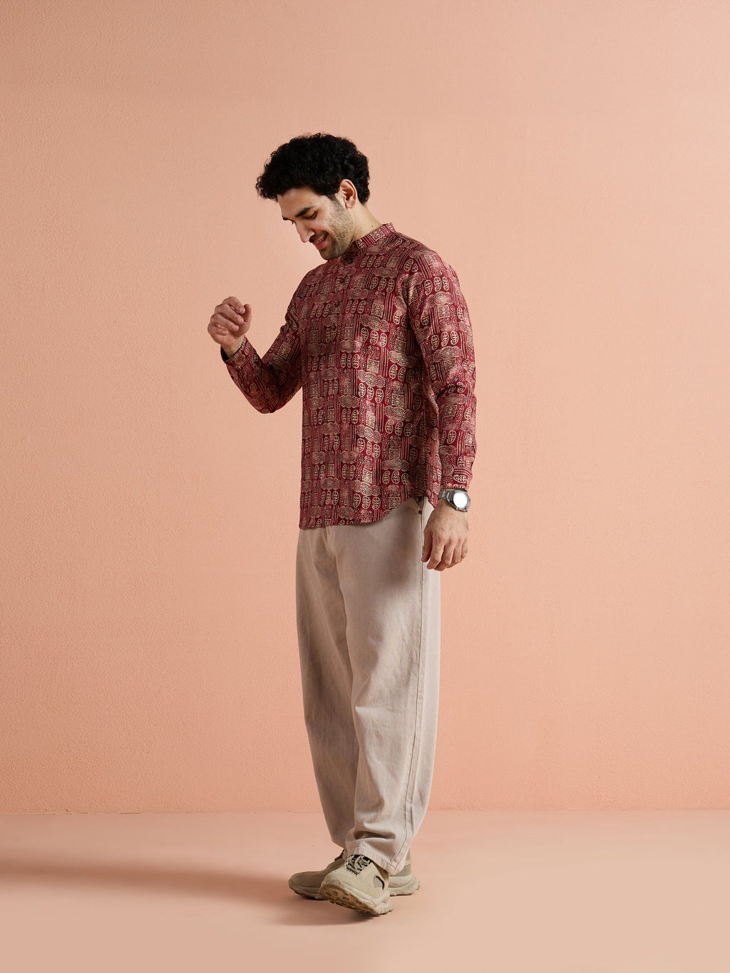 Maroon Cotton Blend Printed Short Kurta
