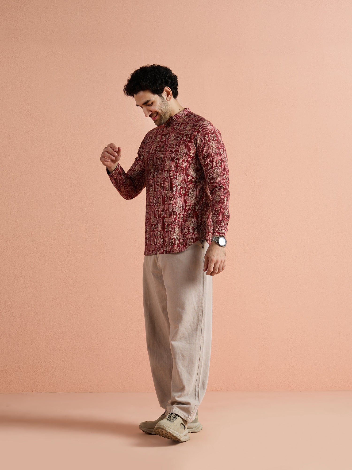 Maroon Cotton Blend Printed Short Kurta