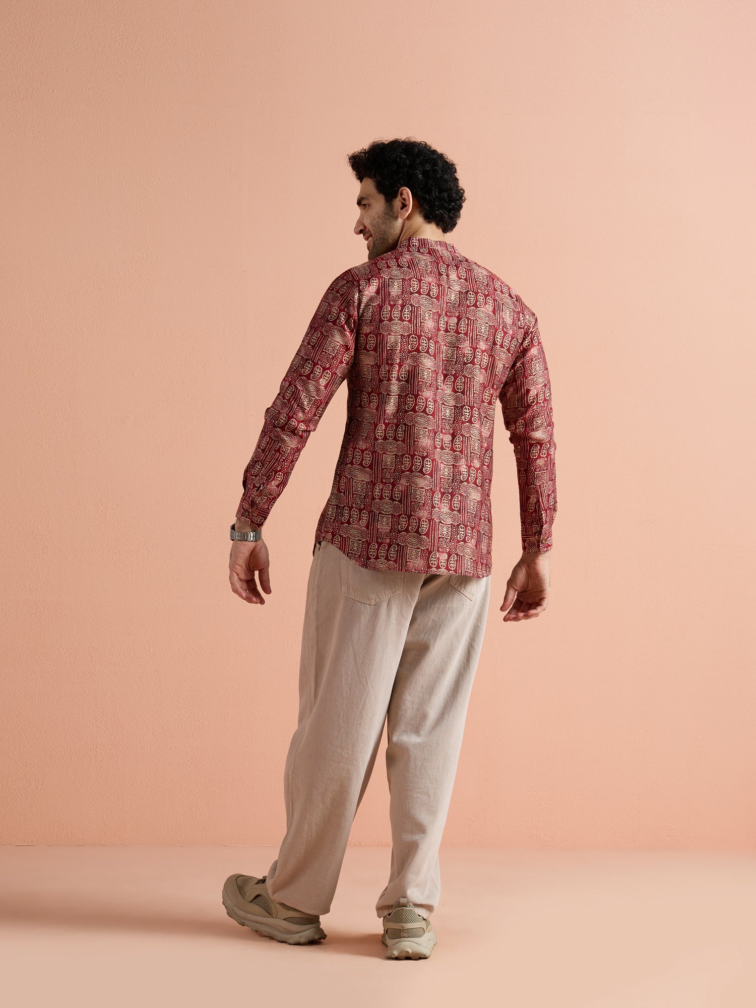 Maroon Cotton Blend Printed Short Kurta