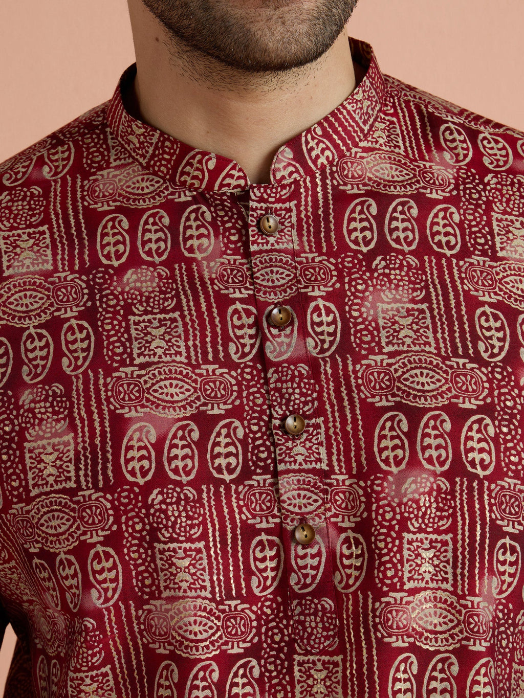 Maroon Cotton Blend Printed Short Kurta