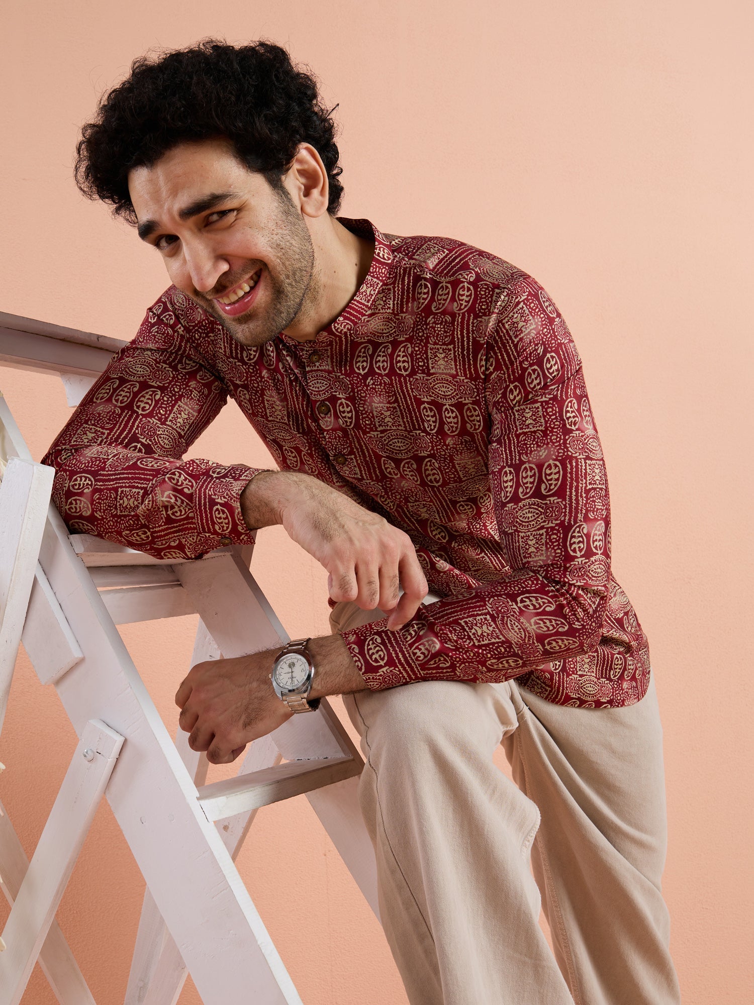 Maroon Cotton Blend Printed Short Kurta