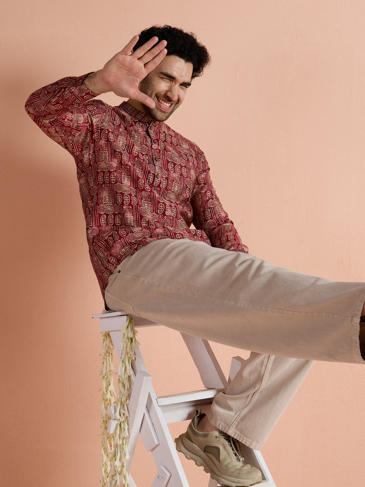 Maroon Cotton Blend Printed Short Kurta