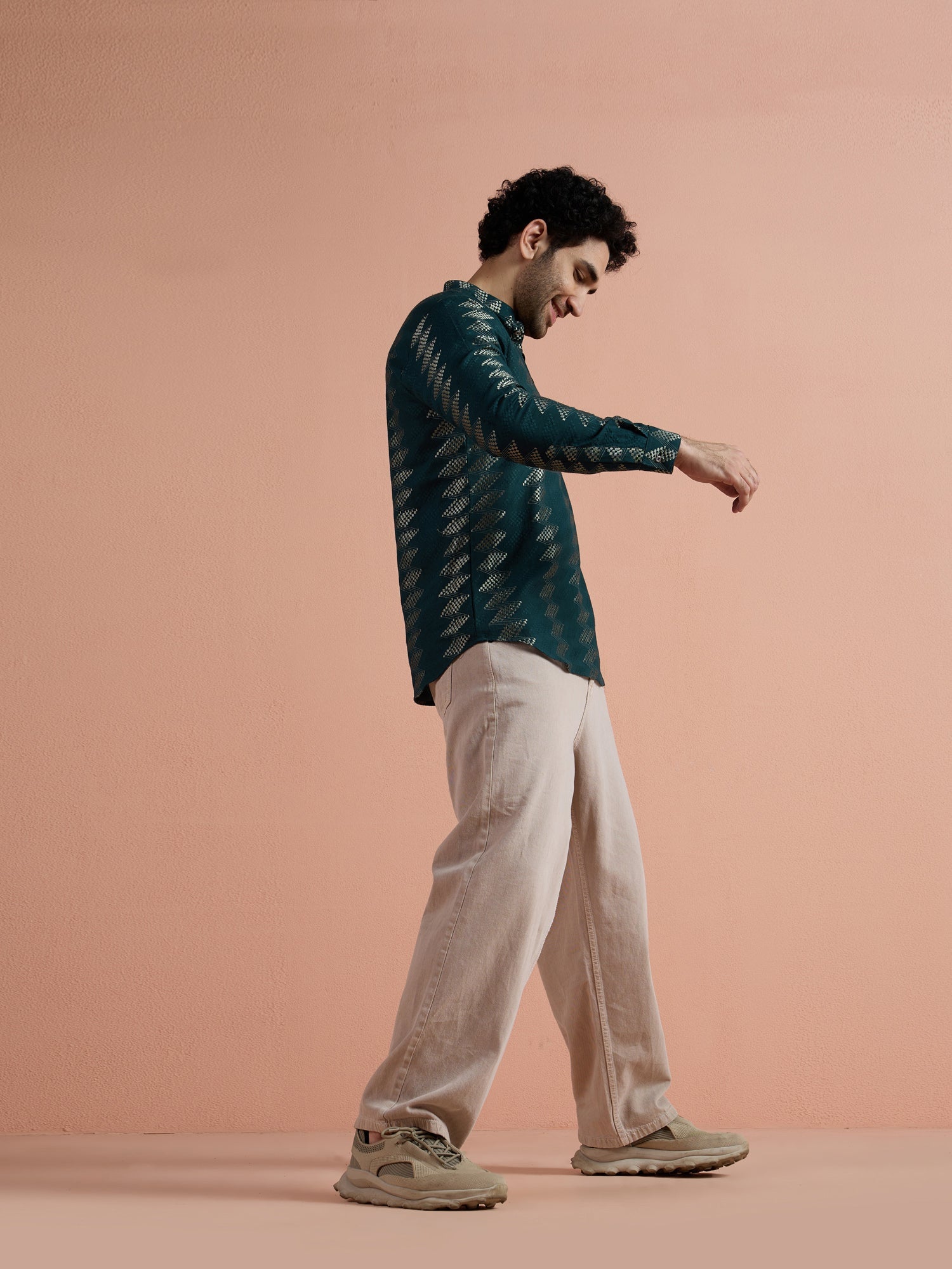 Teal Cotton Jacquard Short Kurta
