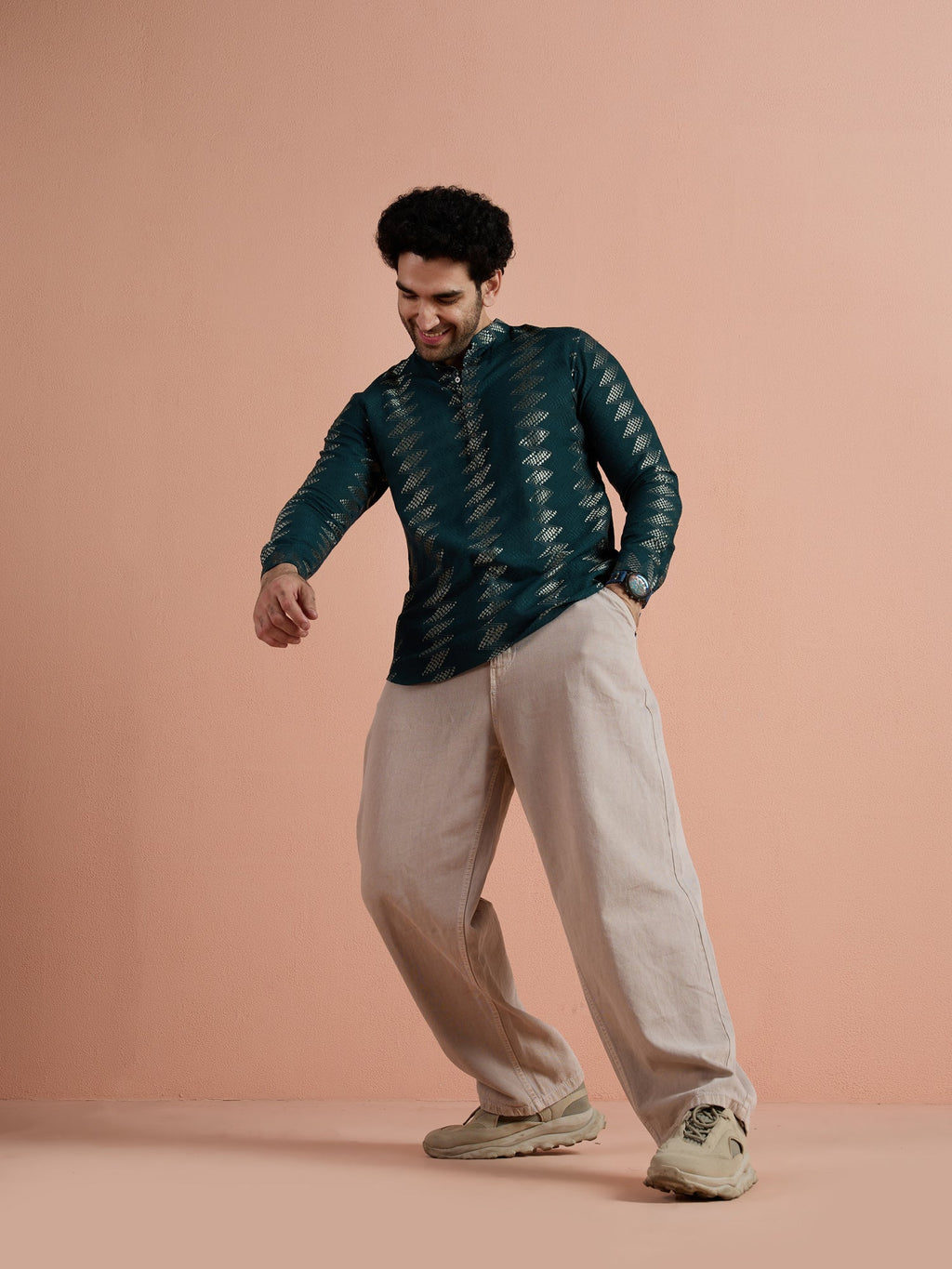 Teal Cotton Jacquard Short Kurta