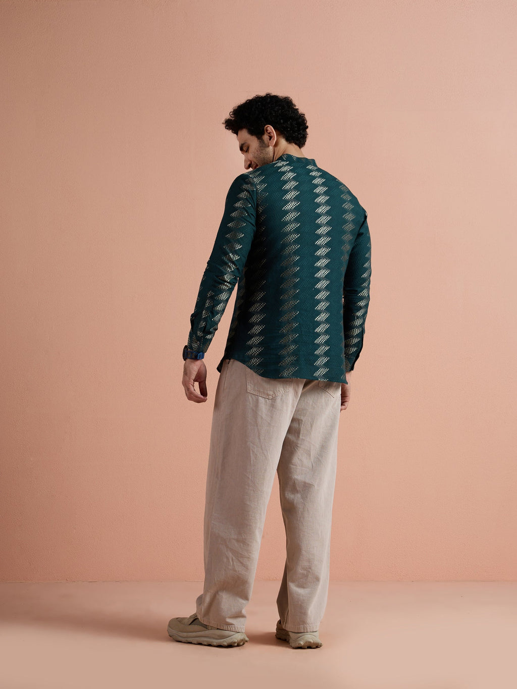 Teal Cotton Jacquard Short Kurta
