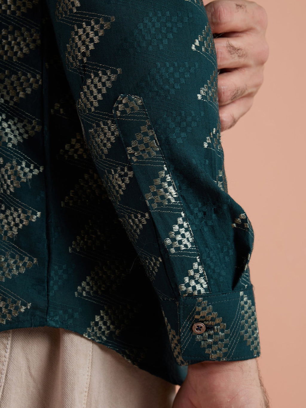 Teal Cotton Jacquard Short Kurta