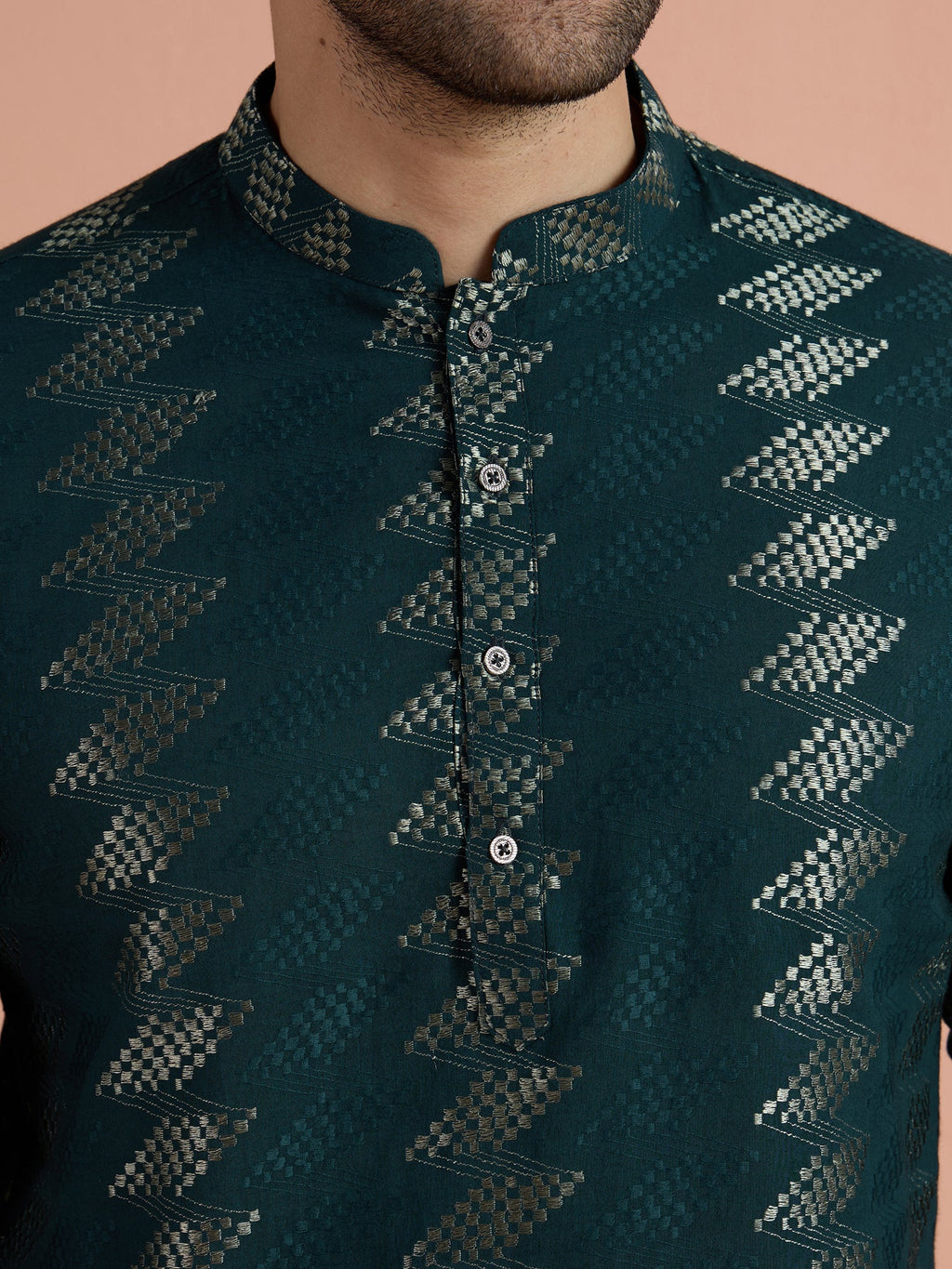 Teal Cotton Jacquard Short Kurta