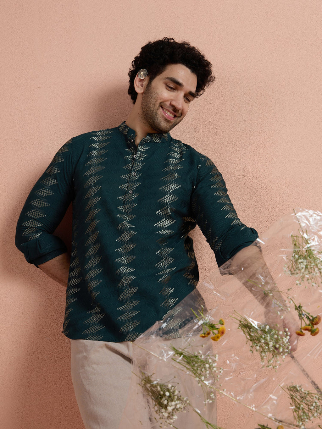 Teal Cotton Jacquard Short Kurta