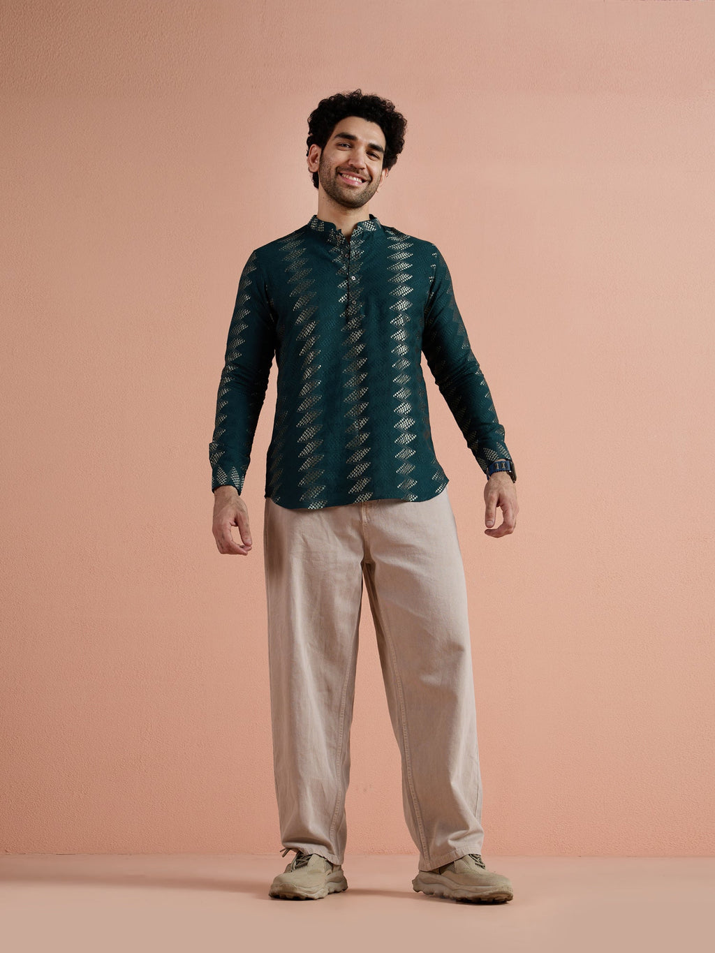 Teal Cotton Jacquard Short Kurta