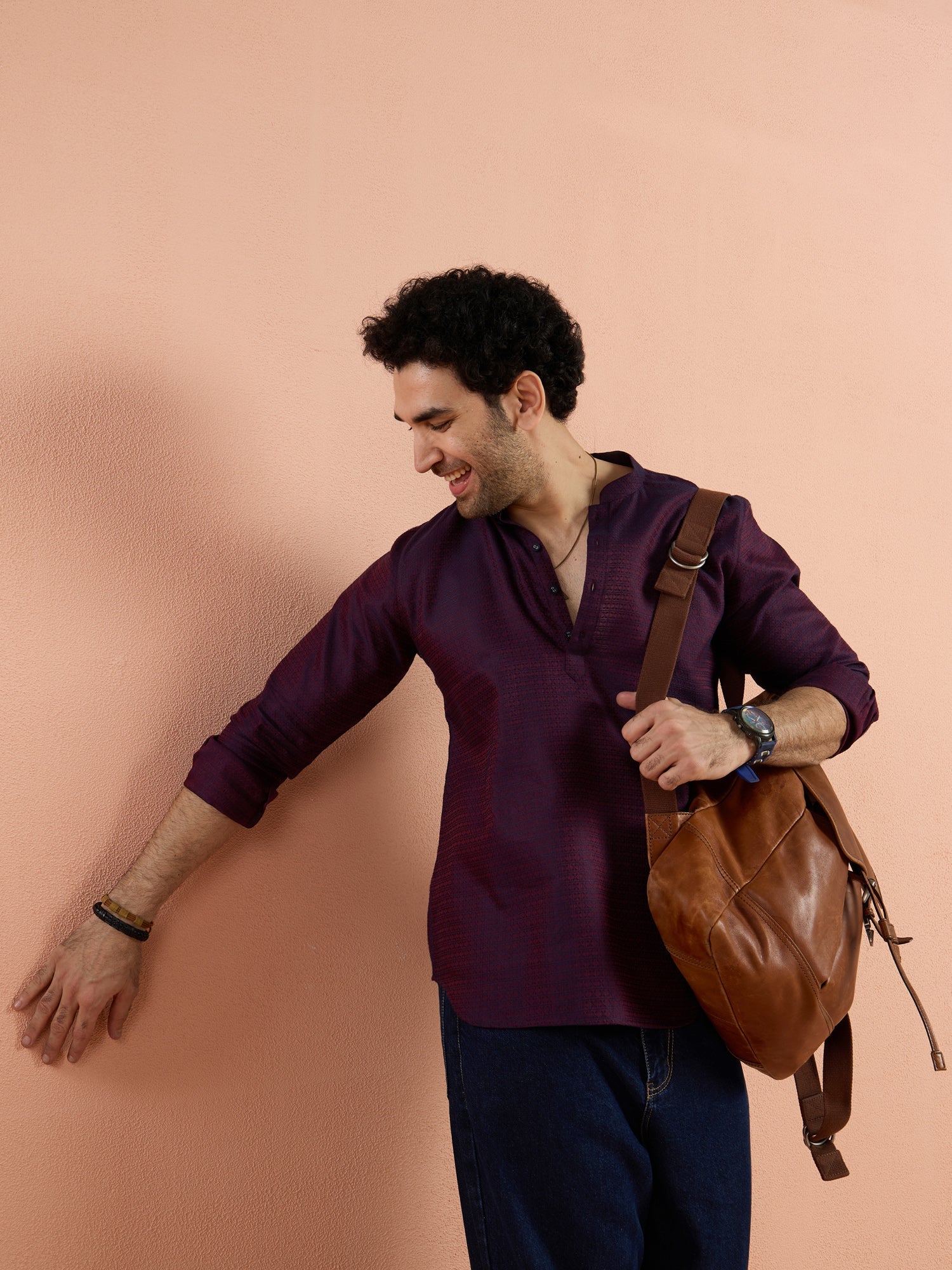 Purple Silk Blend Jacquard Short Kurta