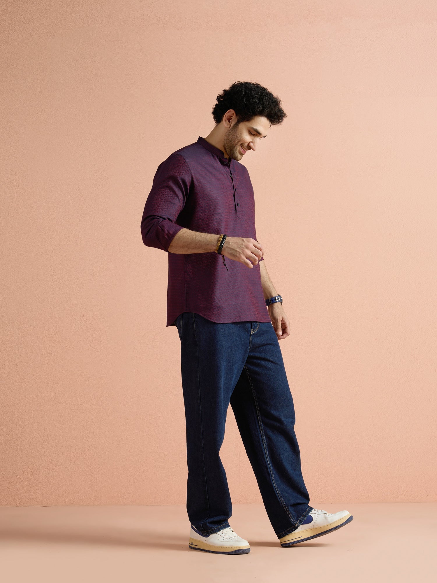 Purple Silk Blend Jacquard Short Kurta