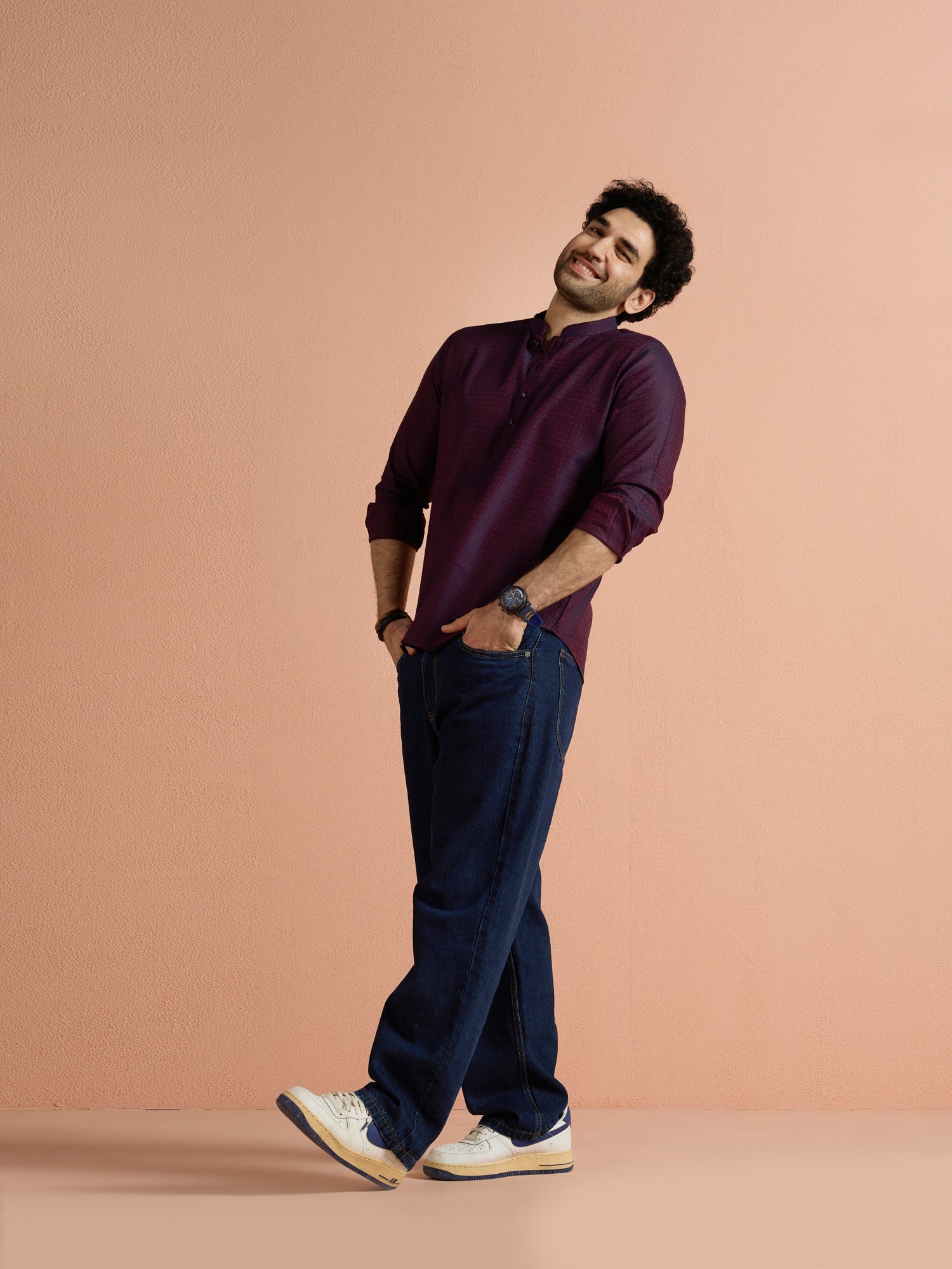 Purple Silk Blend Jacquard Short Kurta