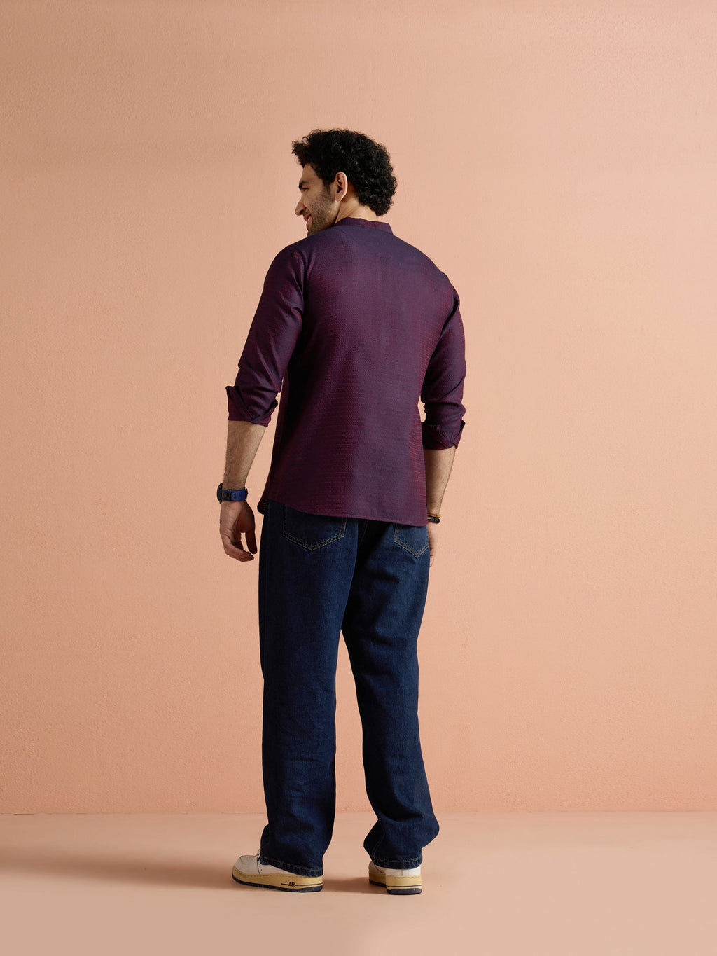 Purple Silk Blend Jacquard Short Kurta