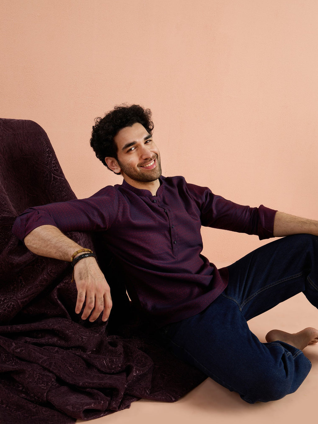 Purple Silk Blend Jacquard Short Kurta