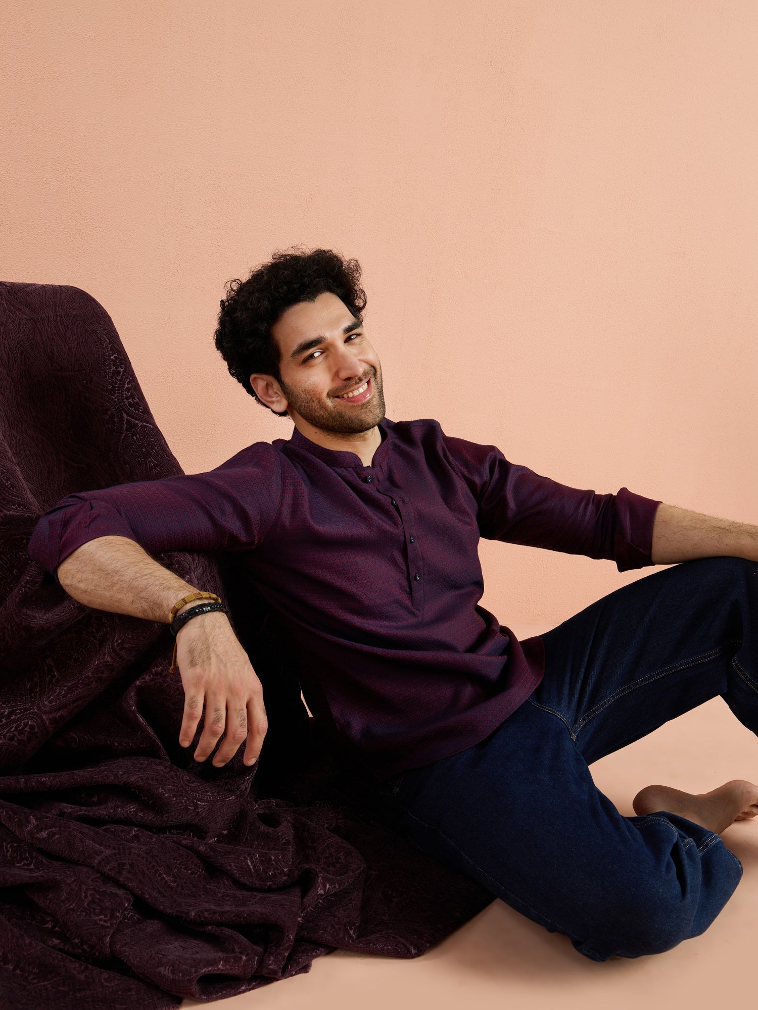 Purple Silk Blend Jacquard Short Kurta