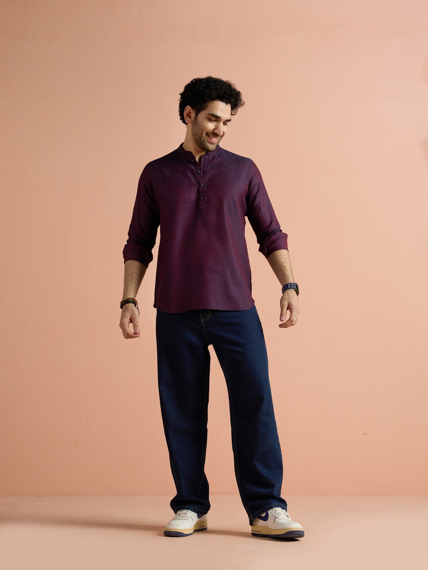 Purple Silk Blend Jacquard Short Kurta