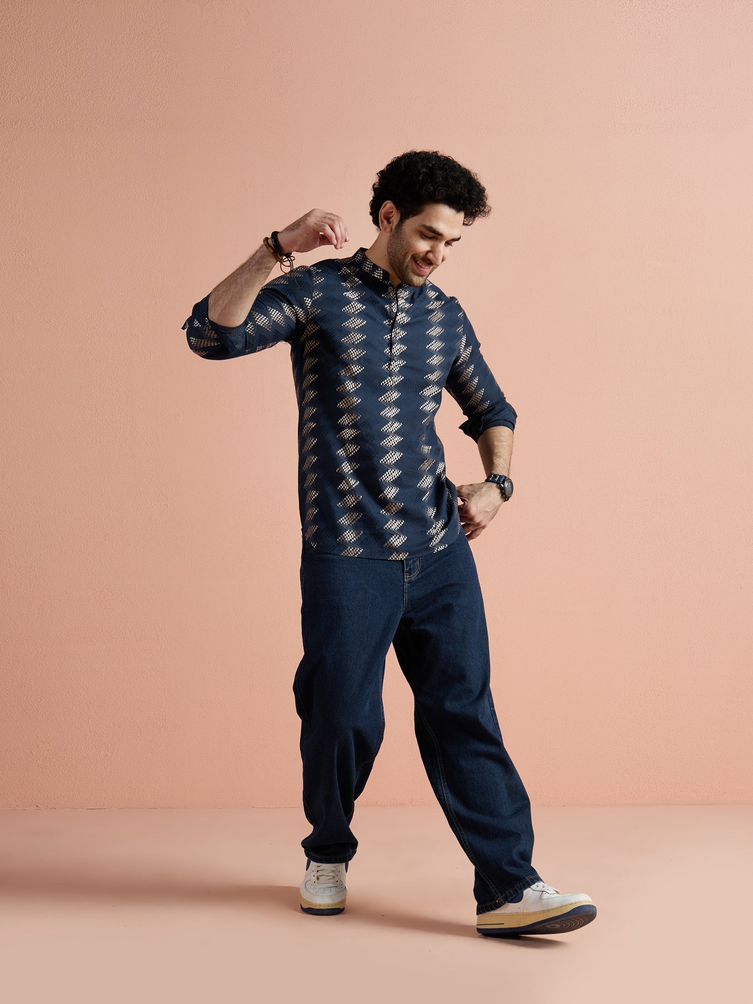 Navy Blue Cotton Jacquard Short Kurta