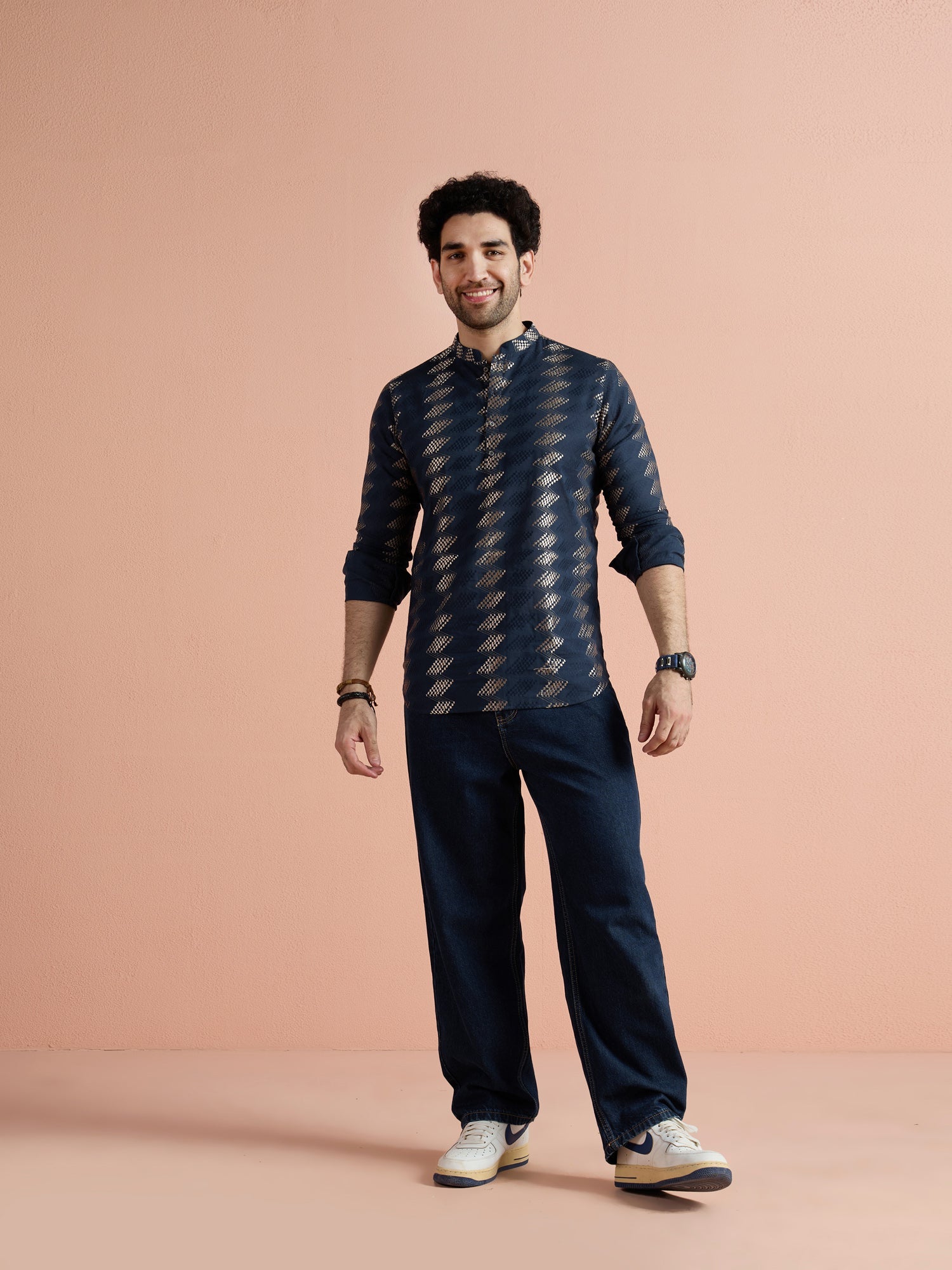 Navy Blue Cotton Jacquard Short Kurta
