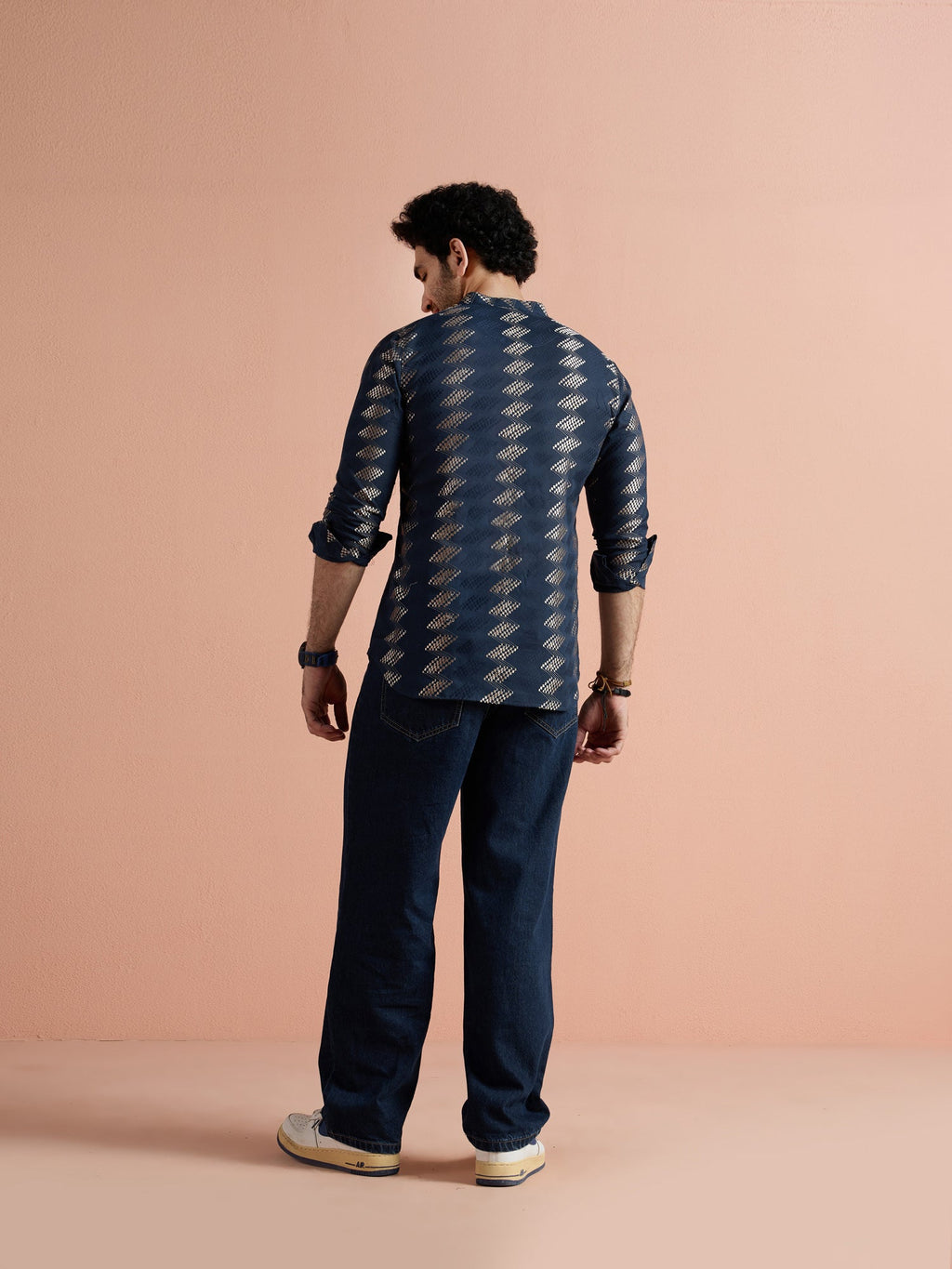Navy Blue Cotton Jacquard Short Kurta