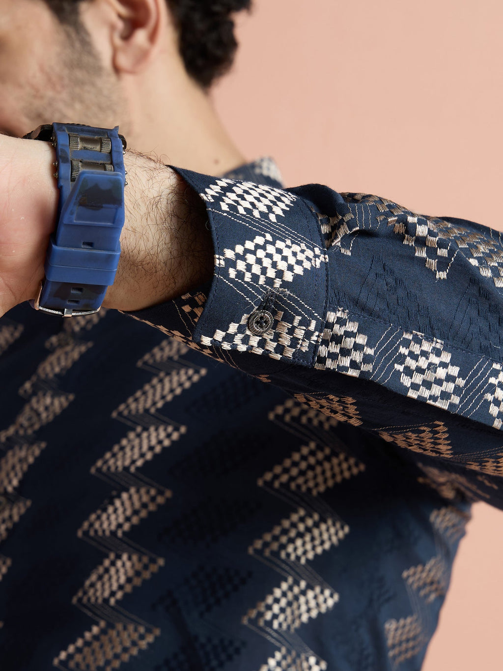Navy Blue Cotton Jacquard Short Kurta