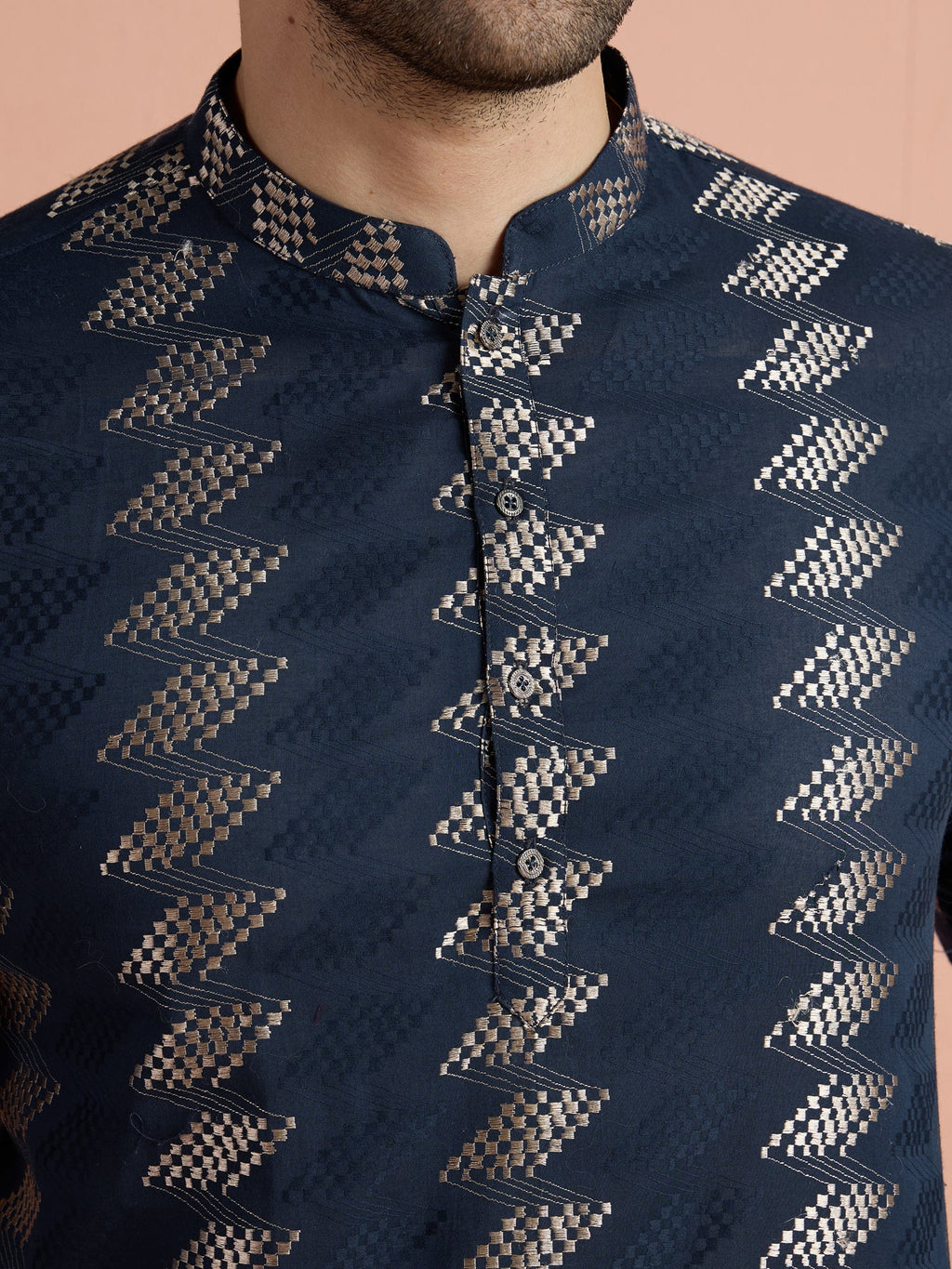 Navy Blue Cotton Jacquard Short Kurta