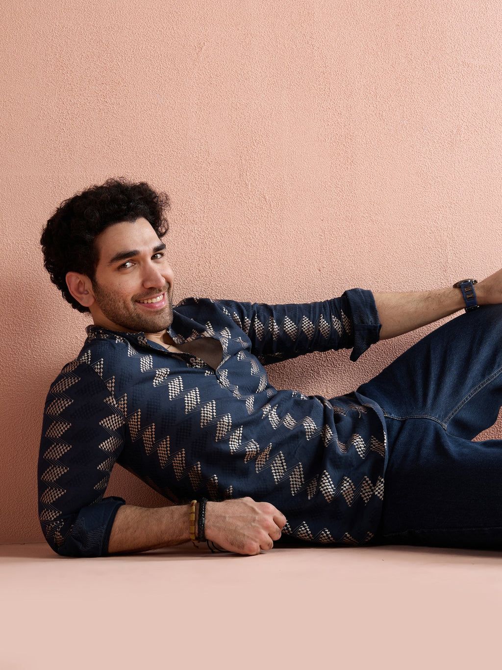Navy Blue Cotton Jacquard Short Kurta