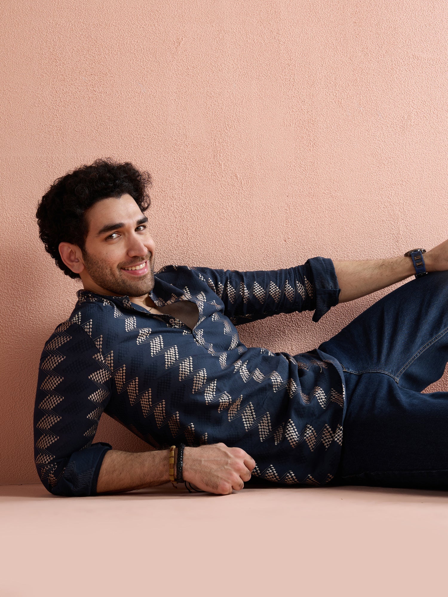 Navy Blue Cotton Jacquard Short Kurta