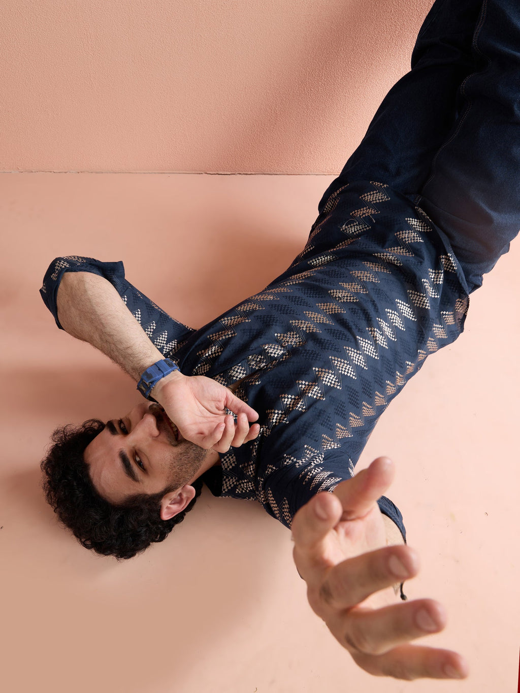 Navy Blue Cotton Jacquard Short Kurta