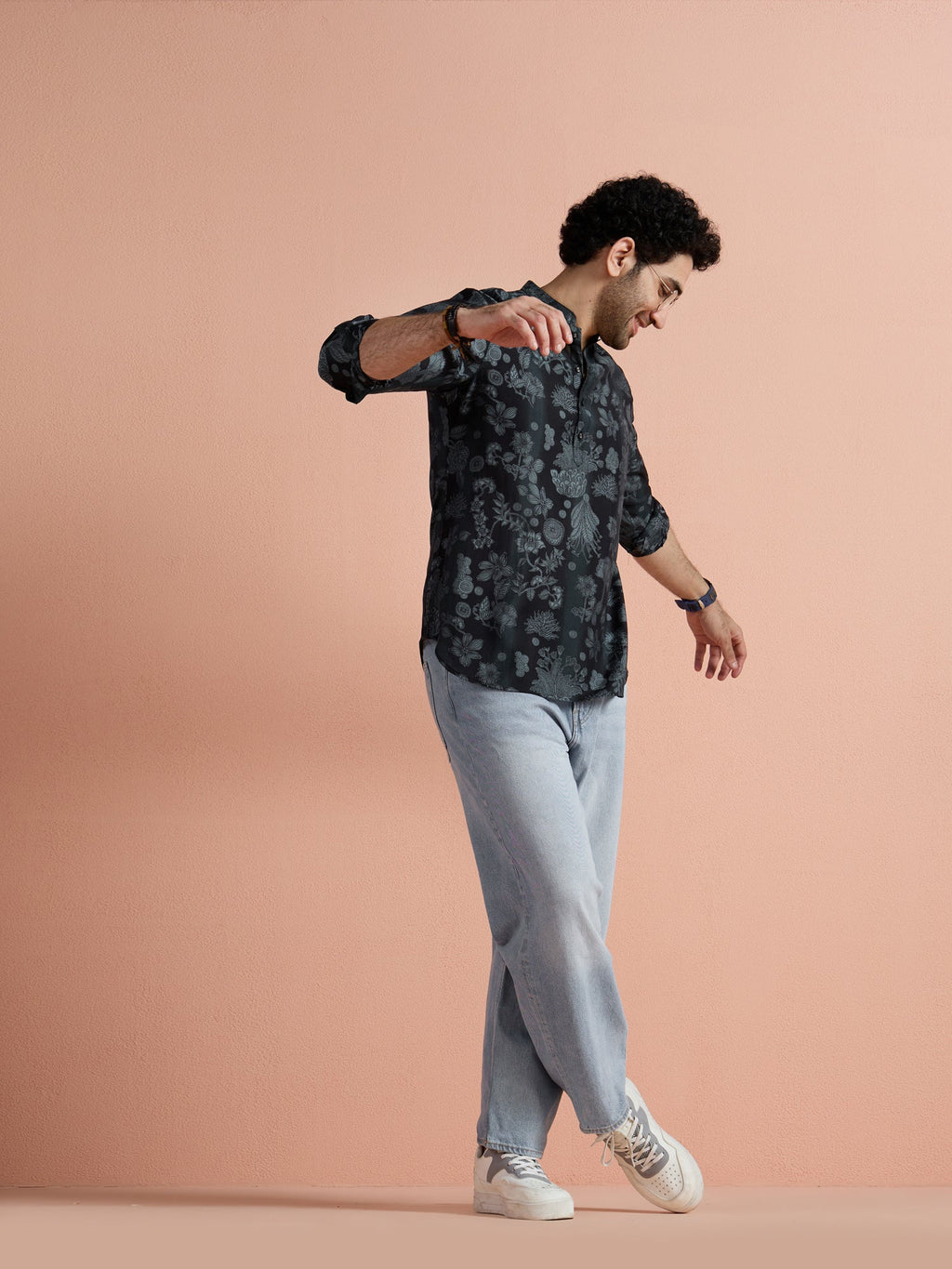 Black Polyviscose Printed Short Kurta