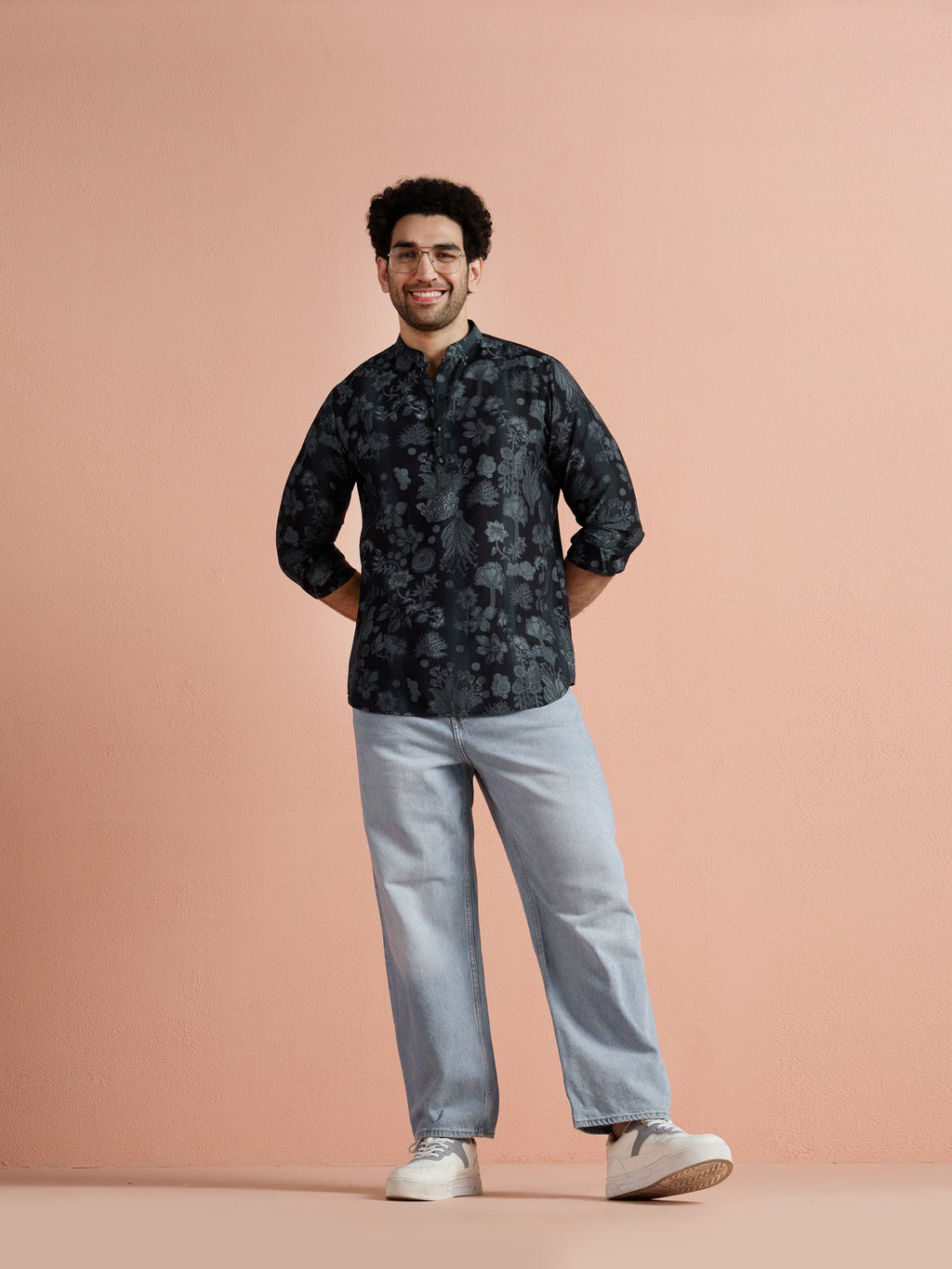 Black Polyviscose Printed Short Kurta