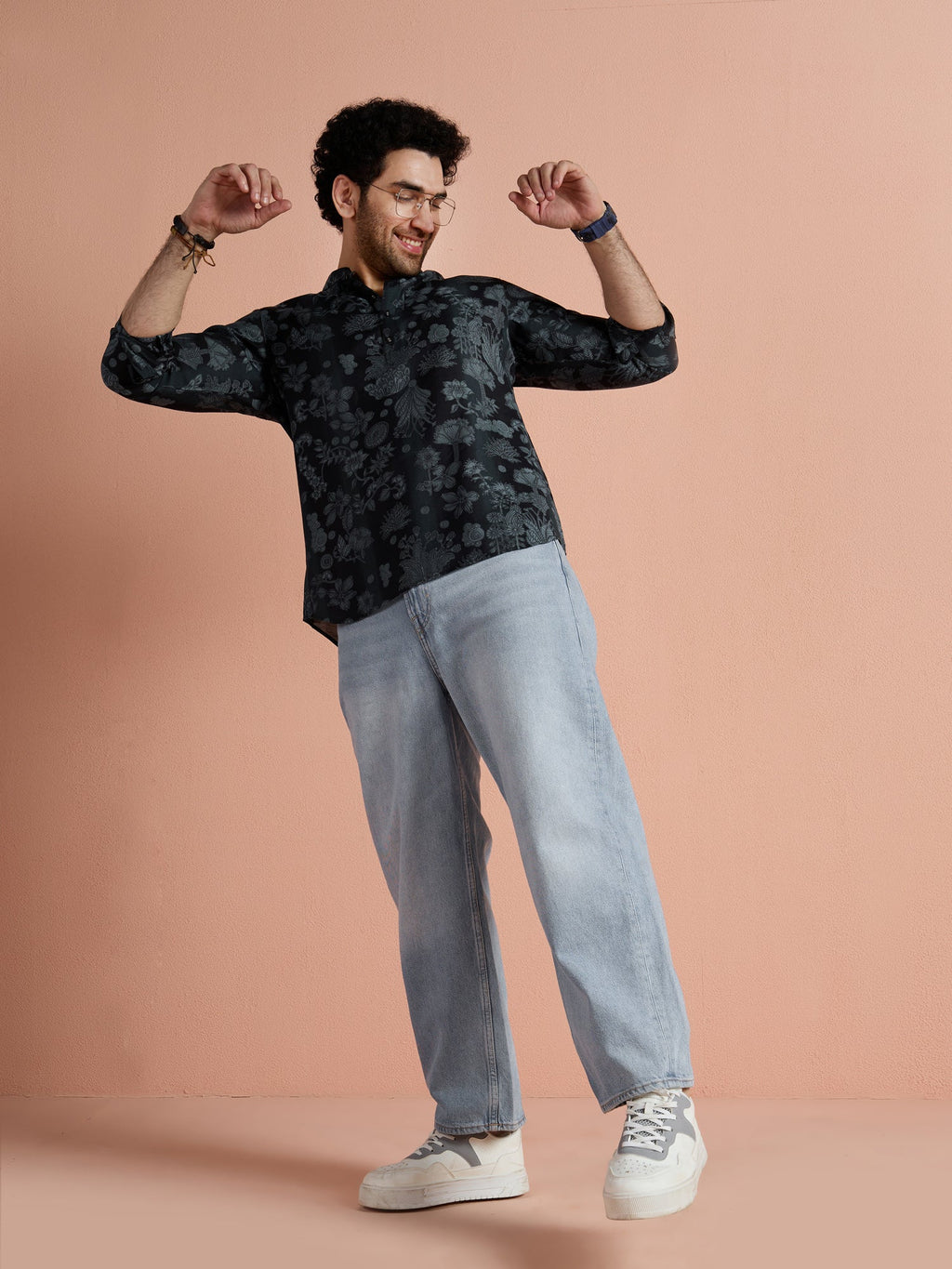 Black Polyviscose Printed Short Kurta
