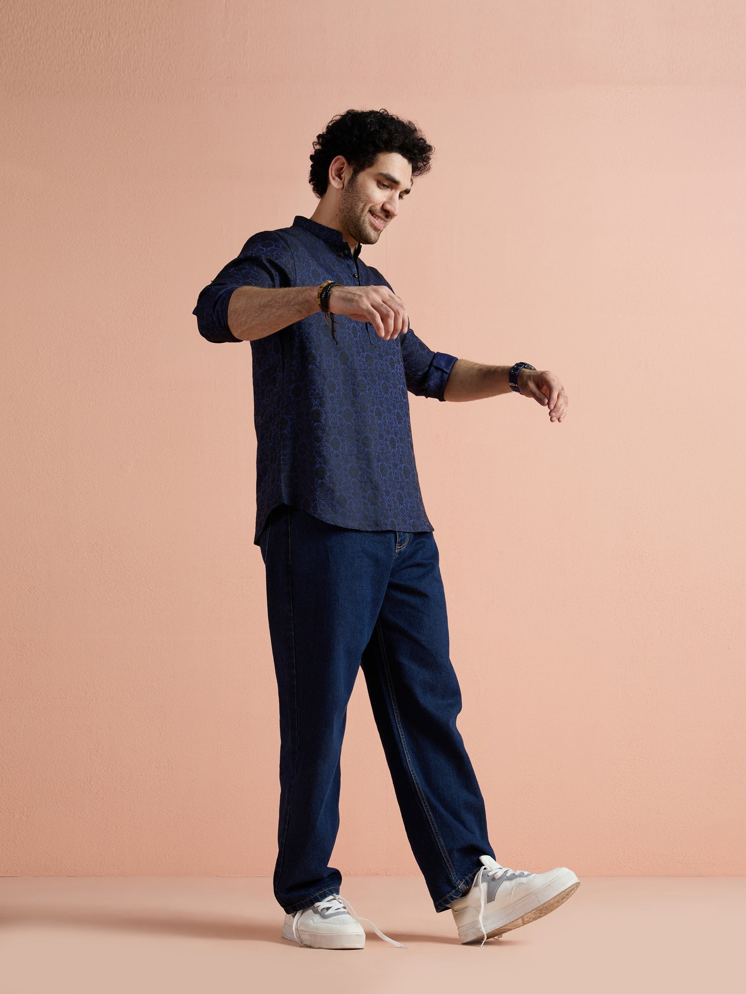 Blue Silk Blend Jacquard Short Kurta