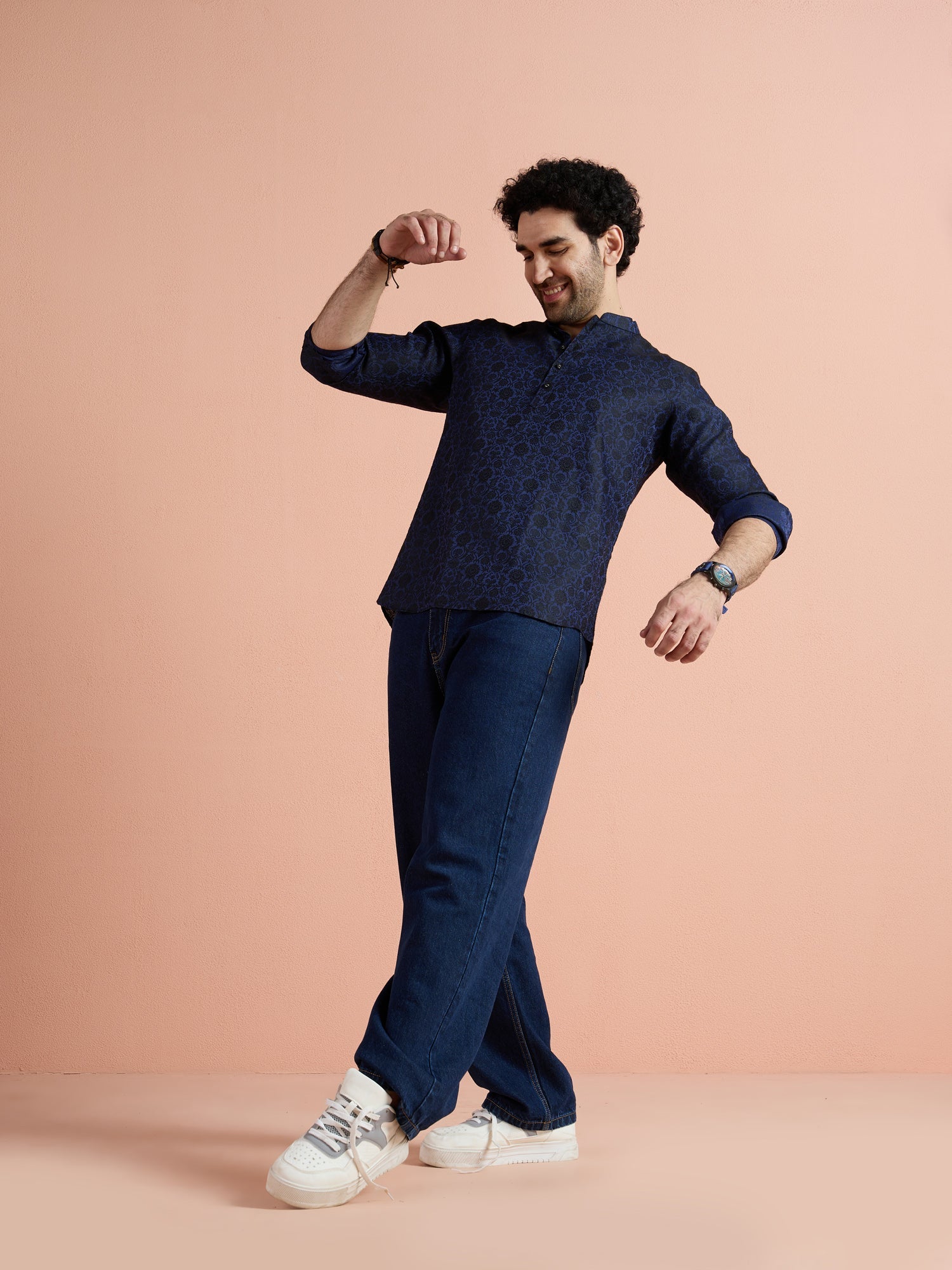 Blue Silk Blend Jacquard Short Kurta