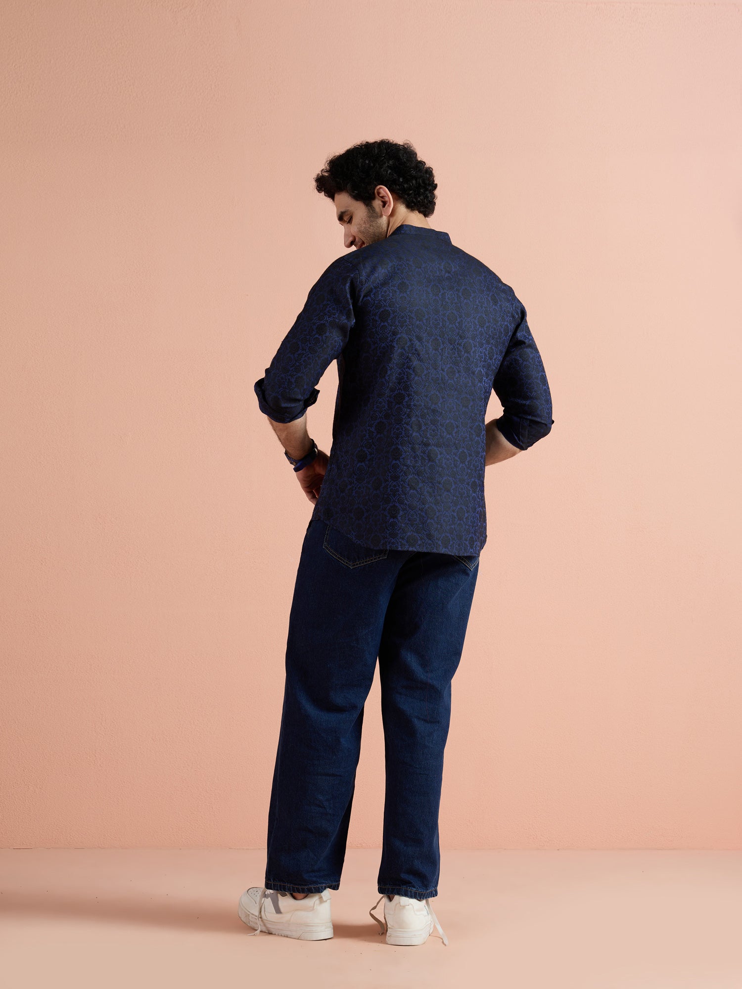 Blue Silk Blend Jacquard Short Kurta