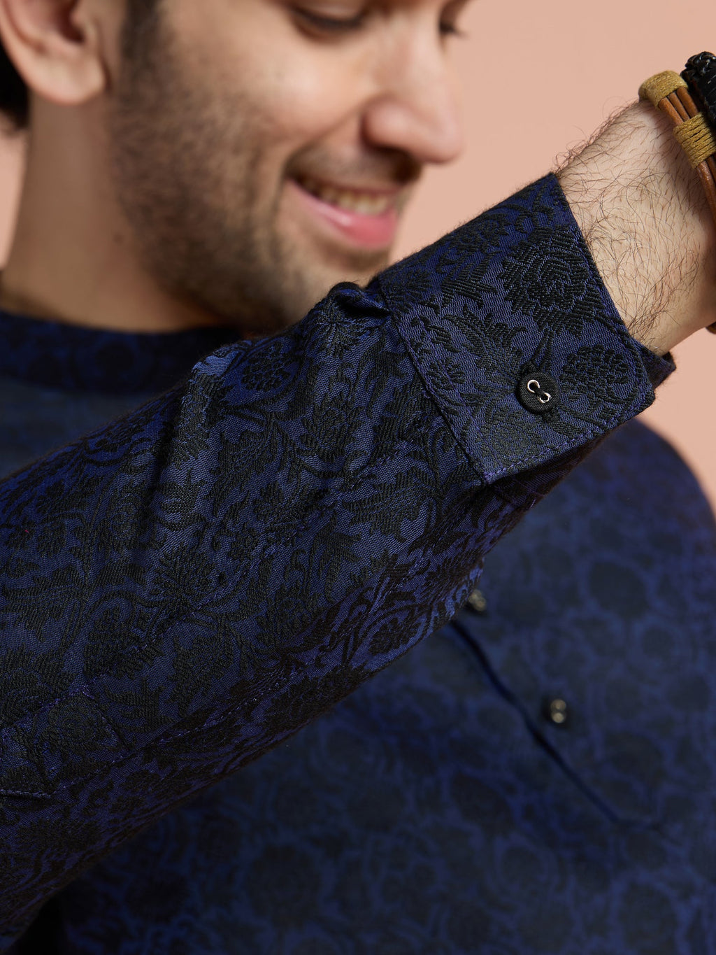 Blue Silk Blend Jacquard Short Kurta