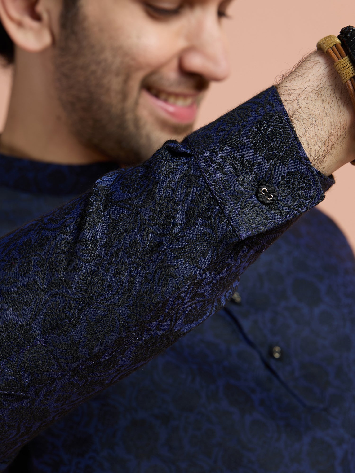 Blue Silk Blend Jacquard Short Kurta