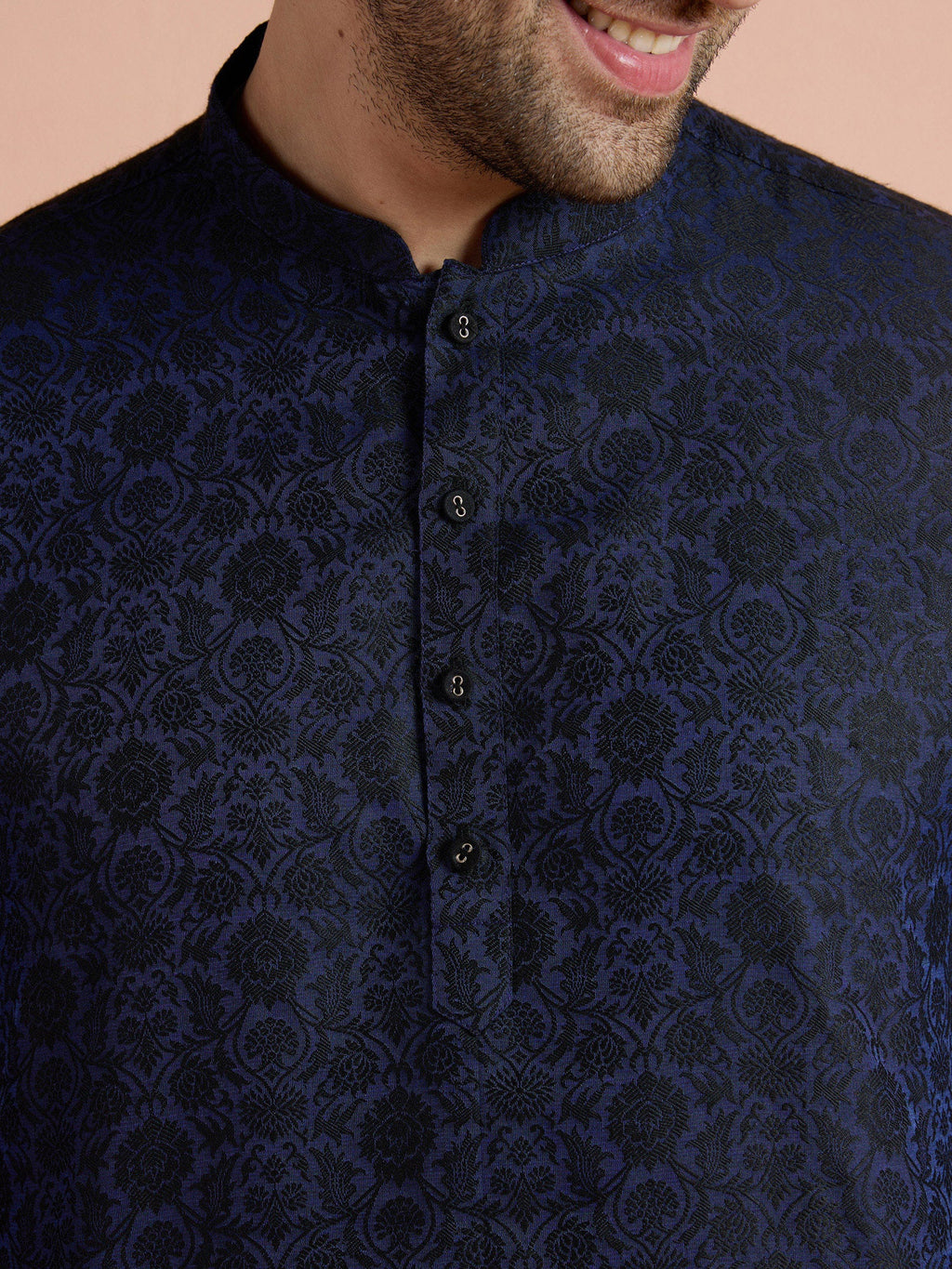 Blue Silk Blend Jacquard Short Kurta