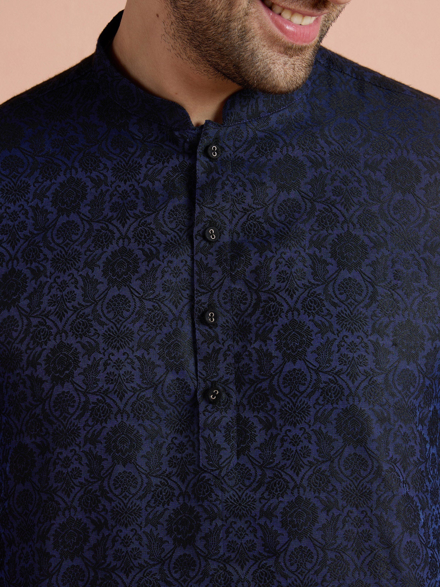 Blue Silk Blend Jacquard Short Kurta